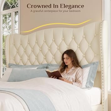 King Size Bed Frame with 53.15 High Crown Headboard, Beige