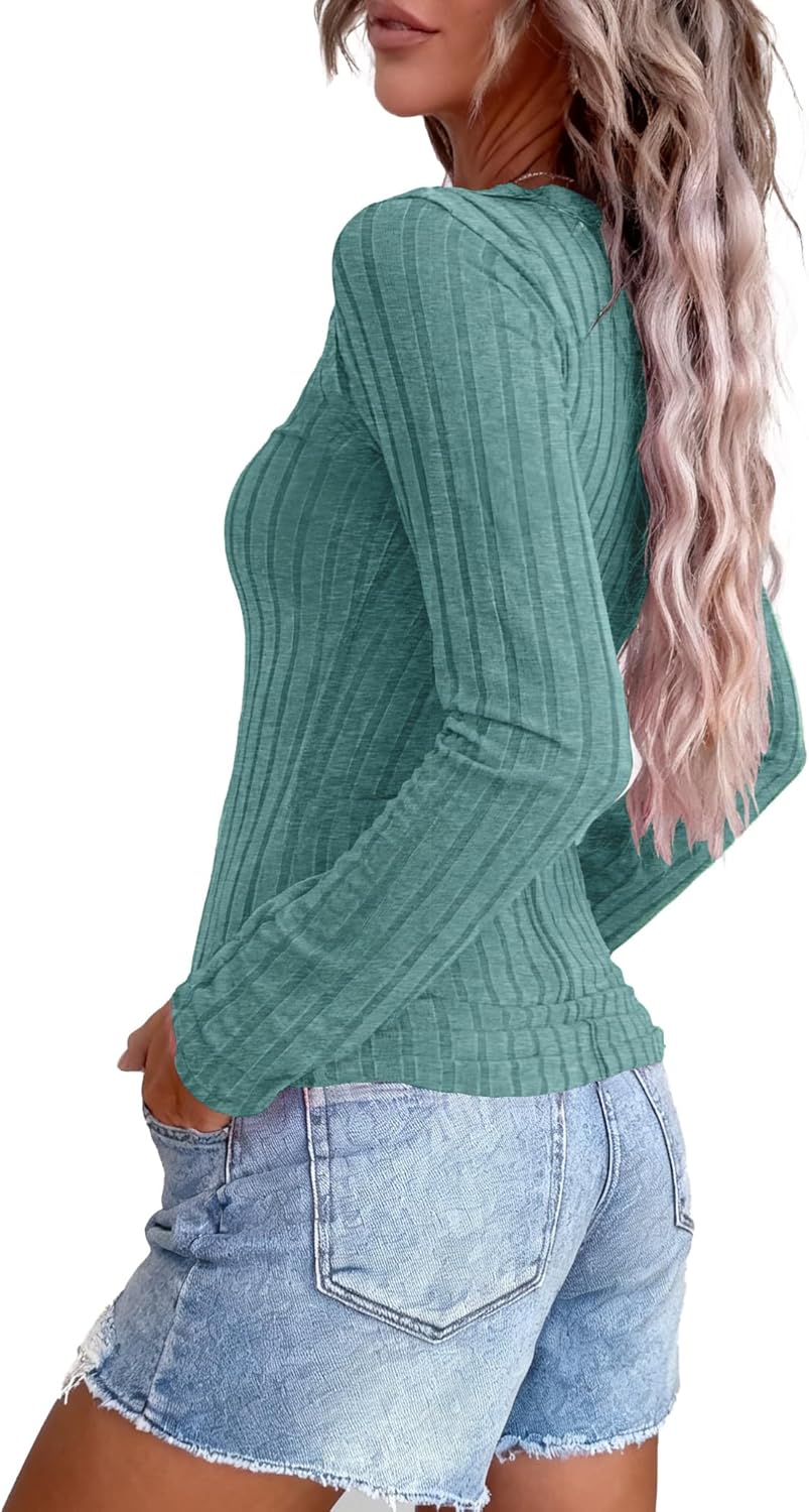 Women's Long Sleeve Tunics Lightweight Ribbed Knit Blouse Scoop Neck Tops Snap Button Slim Fit Casual Henley Shirt - Image 3