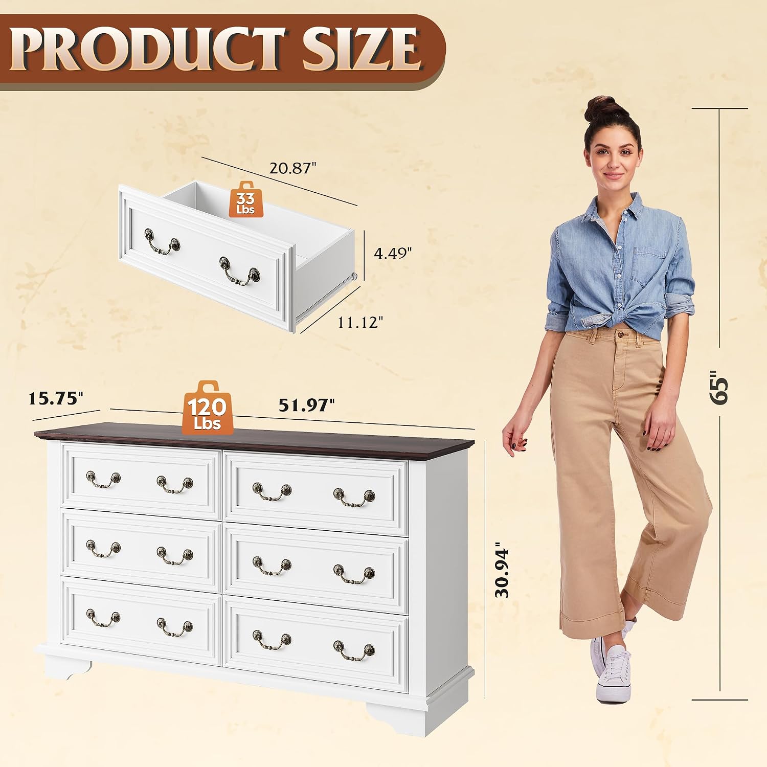 Diagram showing the dimensions of the WLIVE 6-drawer dresser: 15.75 inches deep, 51.97 inches wide, and 30.94 inches high. Also shows drawer dimensions and weight capacity.