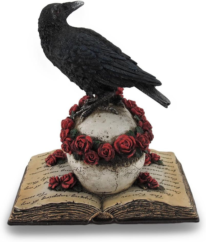Zeckos Mystical Raven on a Rose-Covered Skull Hand Painted Resin Statue -,Perched Upon 'The Raven' Poetry Book - an Artistic Fusion of Macabre and Literary Allure
