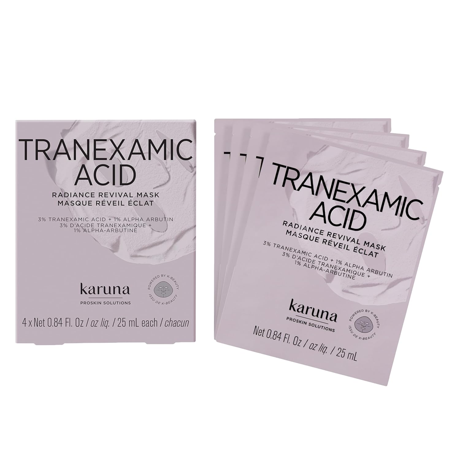 Karuna Tranexamic Acid Radiance Revival Sheet Mask 4-Pack – 3% Tranexamic Acid & 12% Niacinamide – Pro-Brightening & Resurfacing K-Beauty Face Mask for Hyperpigmentation – Clean, Vegan & Cruelty-Free