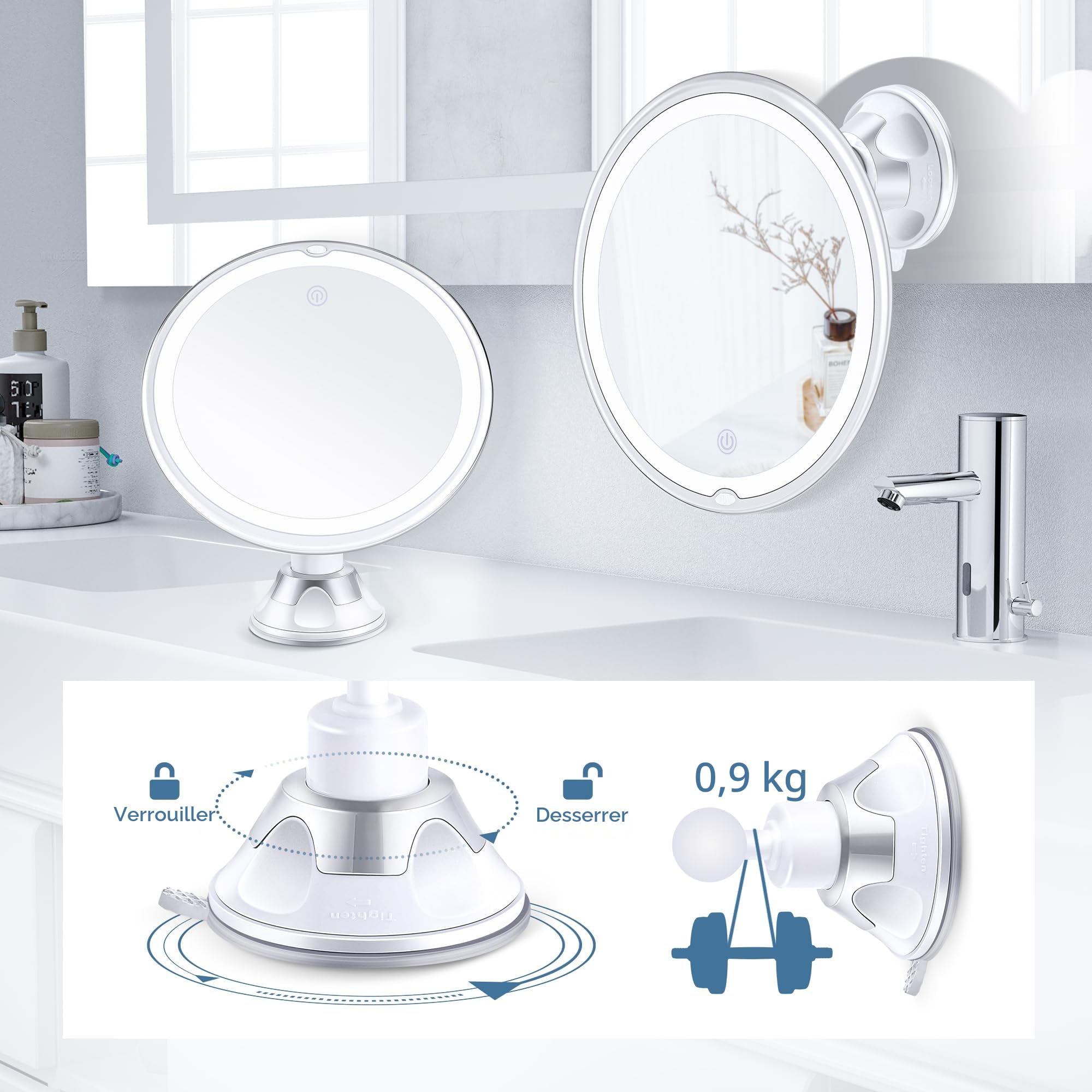 MIYADIVA Miroir Grossissant avec Lumière 30X, Miroir de Salle de Bain à Ventouse, 3 Modes de Couleurs et Luminosité Ajustable, Mirror pour Salle de Bain Mural Aucun Perçage Nécessaire de 20cm