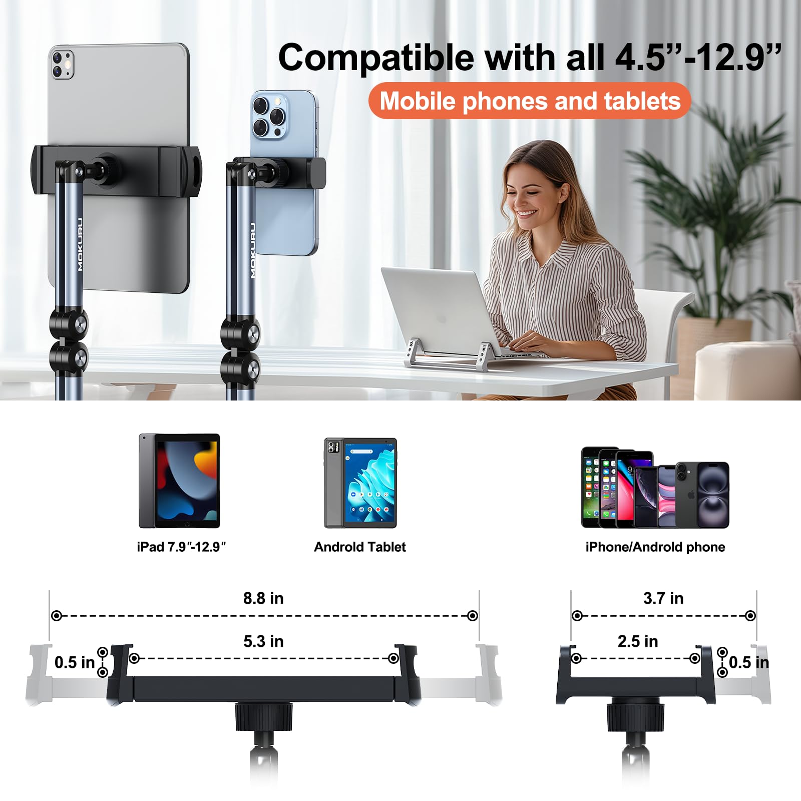 MOKURU Tablet-Bodenständer, verstellbarer Tablet-Ständer, 360° drehbarer Tablet-Halter, kompatibel mit iPad, iPhone, Samsung, Google, Kindle Tablet/Telefon, (11,4 cm - 32,9 cm)