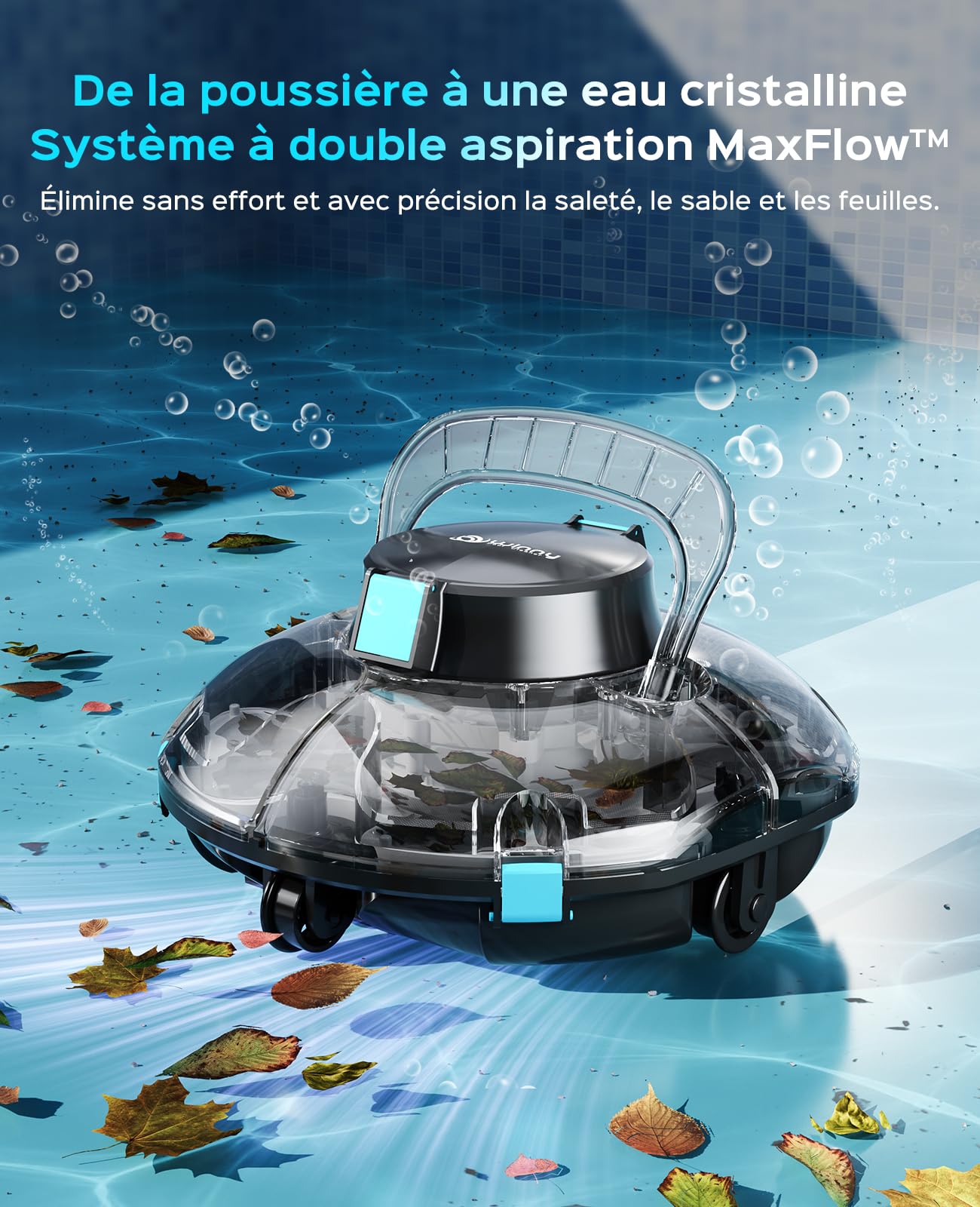 WINNY POOL CLEANER Winny 200 Robot Piscine, Aspirateur Piscine sans Fil avec Batterie, Autonomie 75 Min pour Piscines Hors-Sol 60m², Double Filtration,Stationnement Automatique(Noir-Bleu Marine)