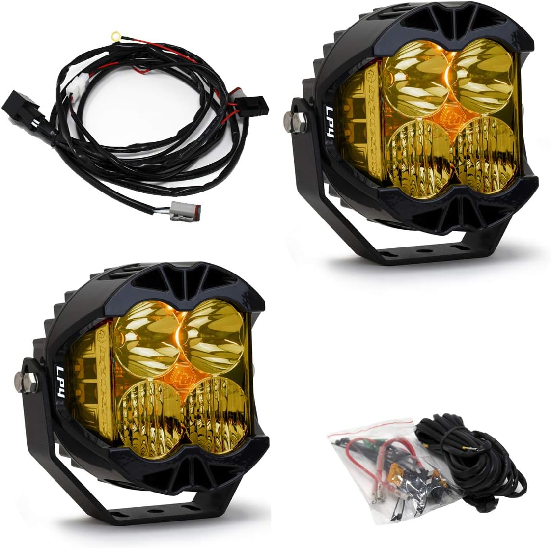 Baja Designs LP4 Pro LED Auxiliary Light Pod Pair with Harness and Backlight - Universal Off-Road Lights for Trucks, Wranglers, UTVs & 4x4s - Driving/Combo Beam, Clear Lens (Red Backlight)