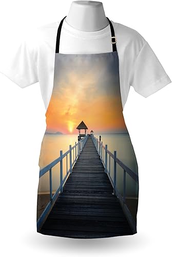 Miniatura 3 de Ambesonne Nautical Apron, Long Exposure Deck Path by the Sea Shorline with Horizon Sunset Landscape, Unisex Kitchen Bib Apron with Adjustable Neck