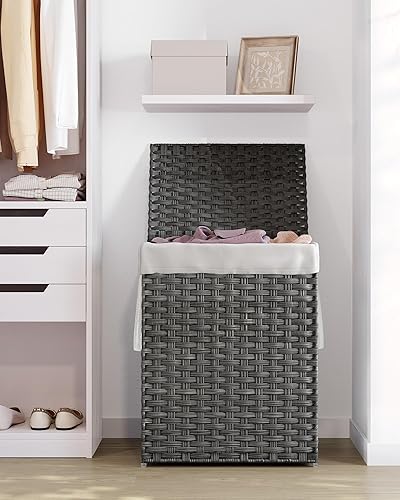 Miniatura 10 de SONGMICS Canasta para la ropa sucia con tapa, cesta de 23.8 galones (90 L) de ratán sintético para ropa con tapa y asas, plegable, forro extraíble
