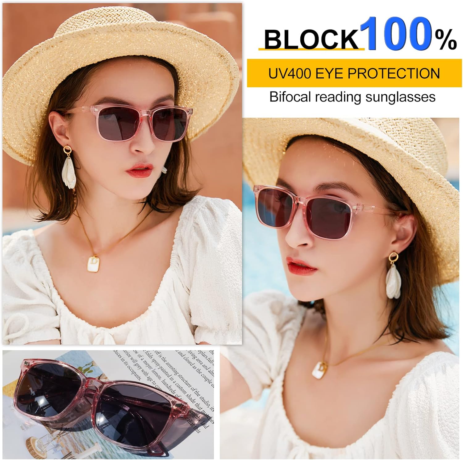MARE AZZURO Bifocal Reading Sunglasses Women Trendy Square Outdoor Readers 1.00 1.50 2.00 2.50 3.00 3.50 4.00 (Pink, 300)