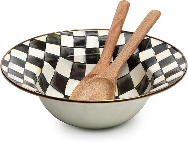 MACKENZIE-CHILDS Enamel Salad Serving Set, Enamel Bowl and Wooden Salad Servers, Decorative Kitchen Set