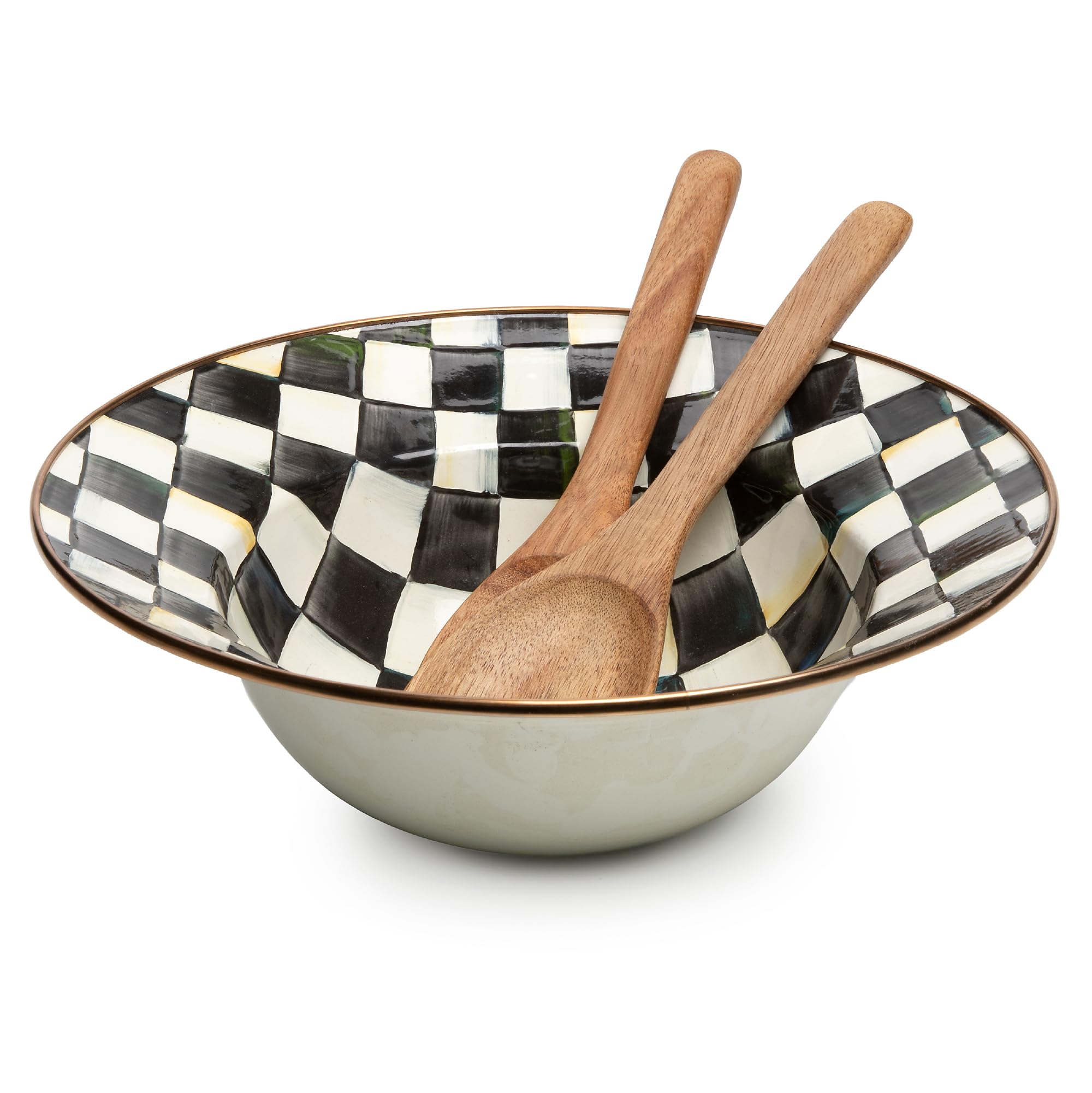 MACKENZIE-CHILDS Enamel Salad Serving Set, Enamel Bowl and Wooden Salad Servers, Decorative Kitchen Set, Black-and-White Courtly Check