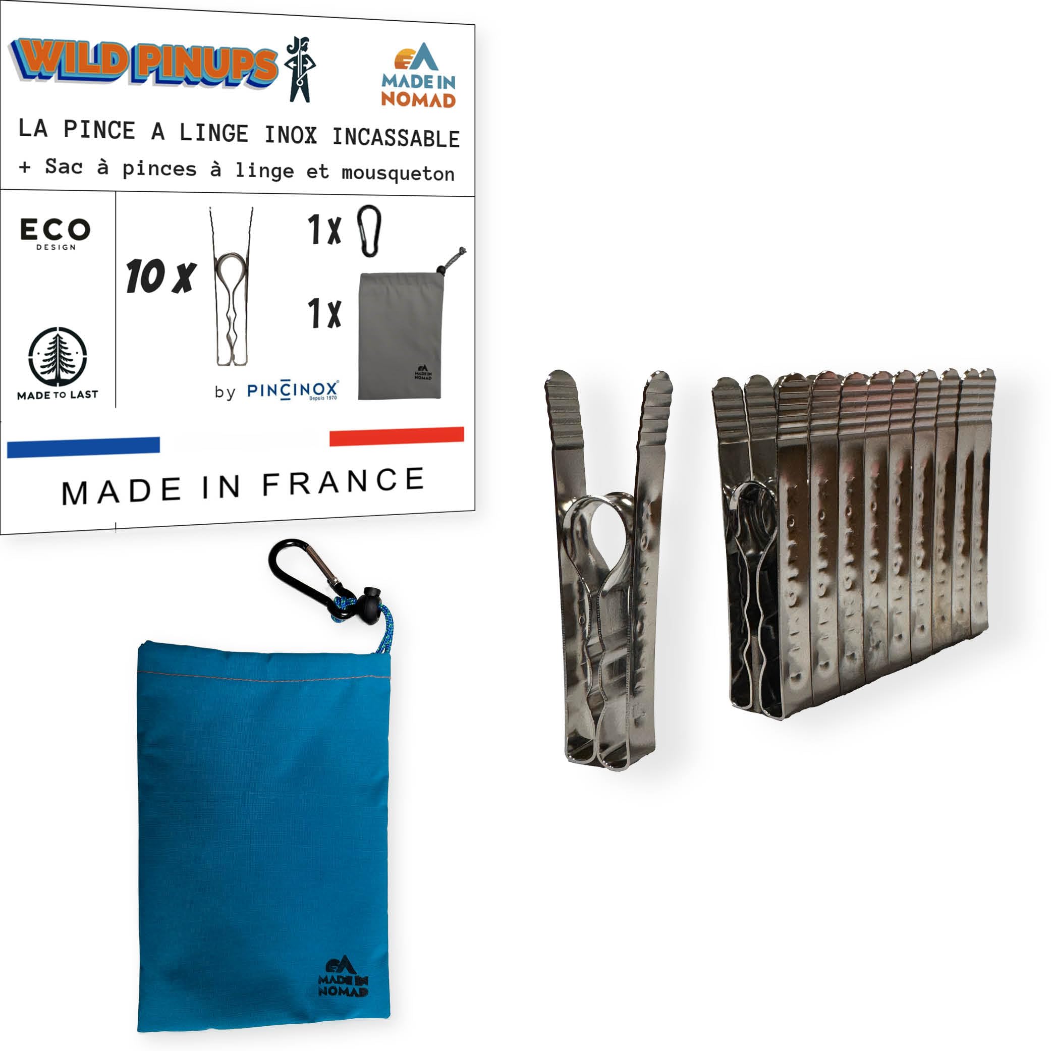 MADE IN NOMAD Pincinox 10 Stainless Steel Clothespins with Basket Laundry Peg and Carabiner for Laundry Rooms, Clothes Lines, Clothes Dryers - Strong and Durable - Made in France
