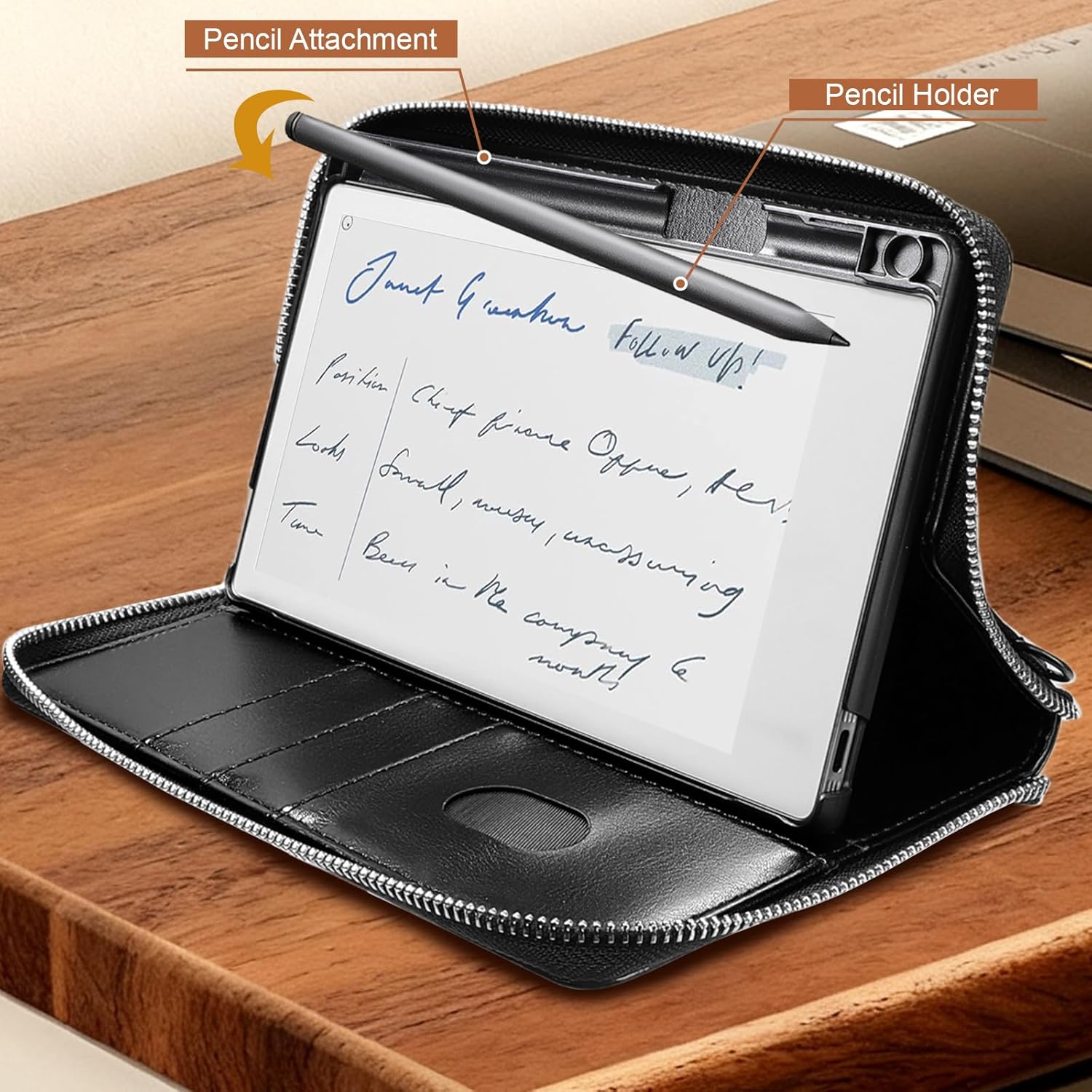 E NET-CASE Case for Remarkable Paper Pro Move 7.3" 2025, Premium Leather Folio with Handheld Design | Zipper & Pen Holder | Microfiber Lining (Black) - Image 4