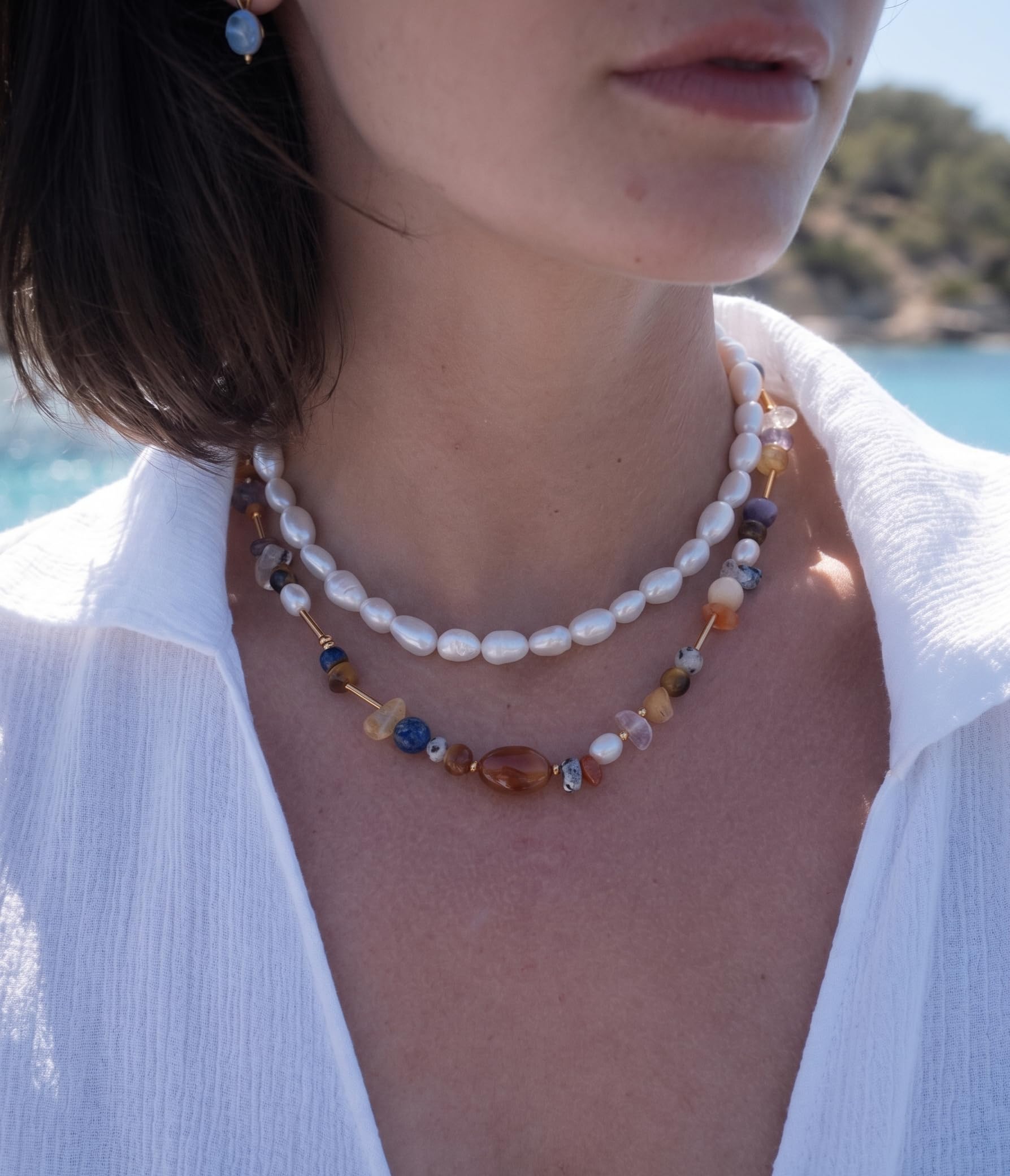 Purelei® Collar hawaiano con ágata roja, citrino, jaspe y perlas de agua dulce, acero inoxidable chapado en oro de 18 quilates, collar de mujer de 40 a 45 cm, colorido y atardecer