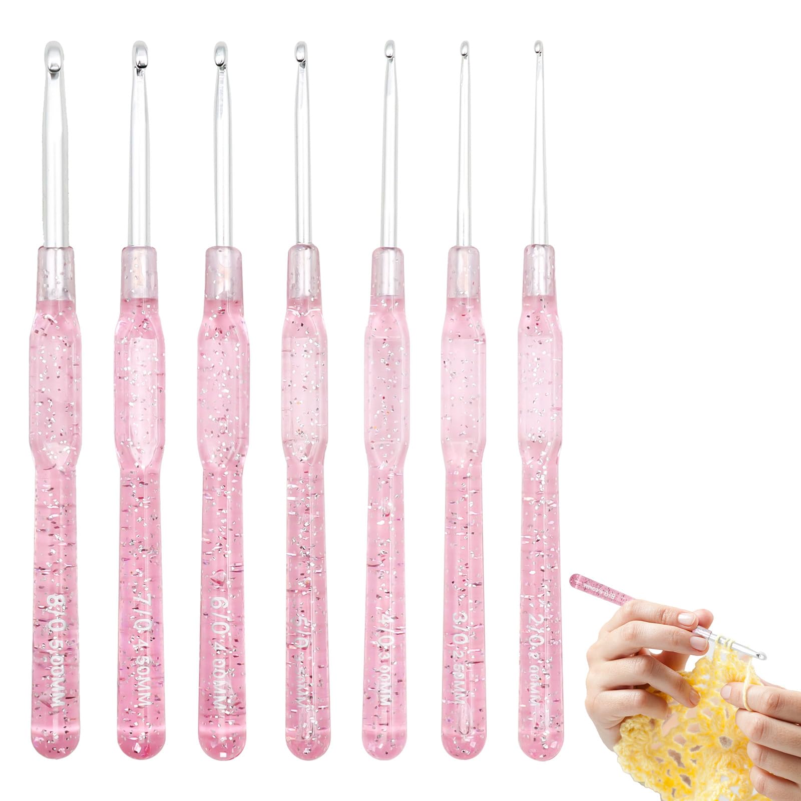 7 PCS Crochet Hooks Set, 2 2.5 3 3.5 4 4.5 5mm Bling Resin Crochet Hooks with Case, Ergonomically Designed for Arthritic Hands Tips, Smooth Stainless Steel Crochet Hook for Crocheting Blankets, DIY