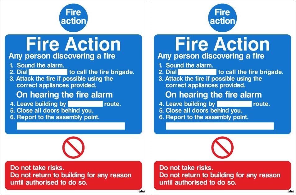 Pack of 2 x Fire Action Signs. Points to follow for any person discovering a fire. 150mm x 200mm (1mm Thick Rigid Plastic)