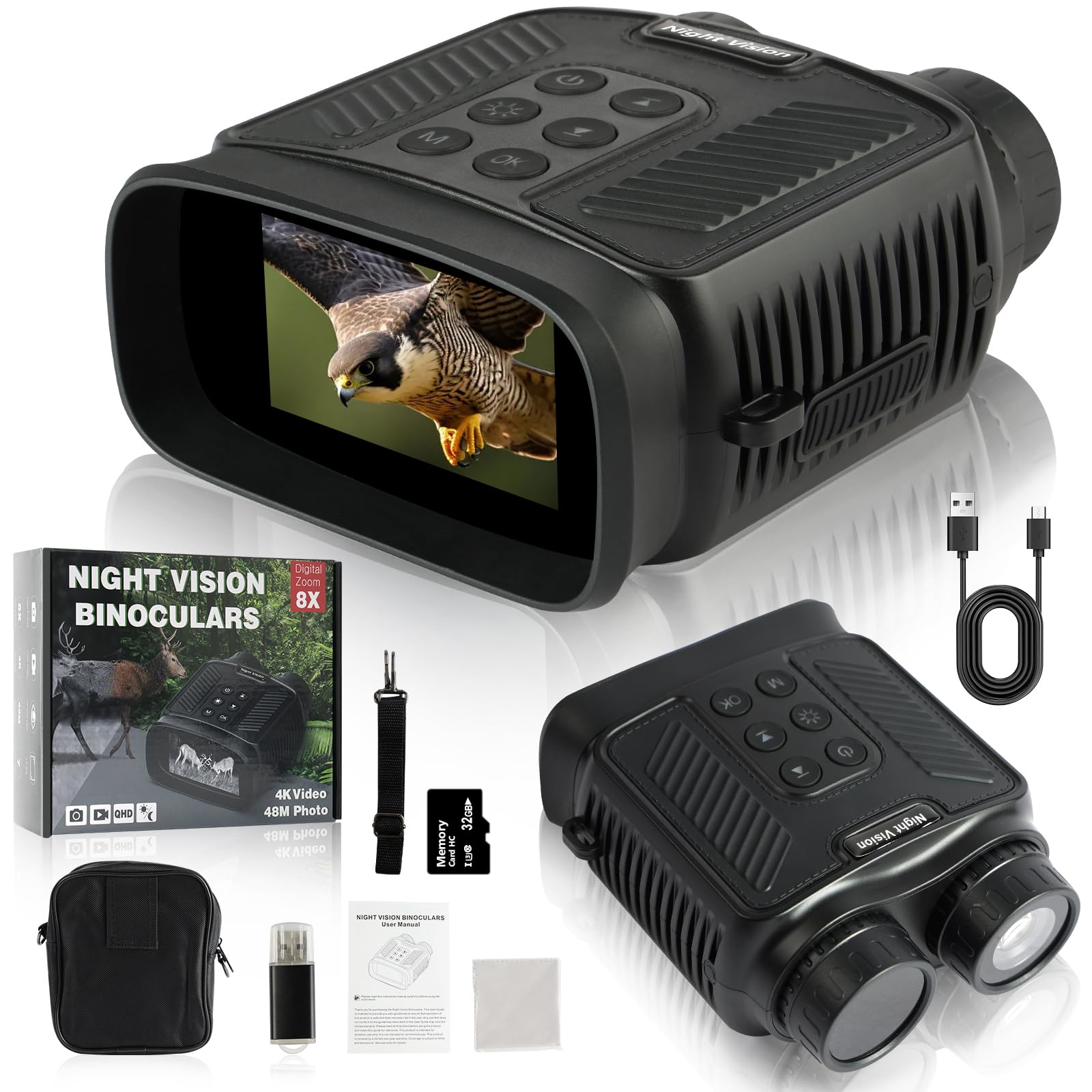 Vicloon Jumelles Vision Nocturne, 4K HD Jumelle Vision Nocturne Infrarouge avec Carte 32Go, écran UHD de 3"/Portée Visuelle 300M/ 5000mAh Batterie Rechargeable/Zoom Numérique 8X, pour Chasse/Camping