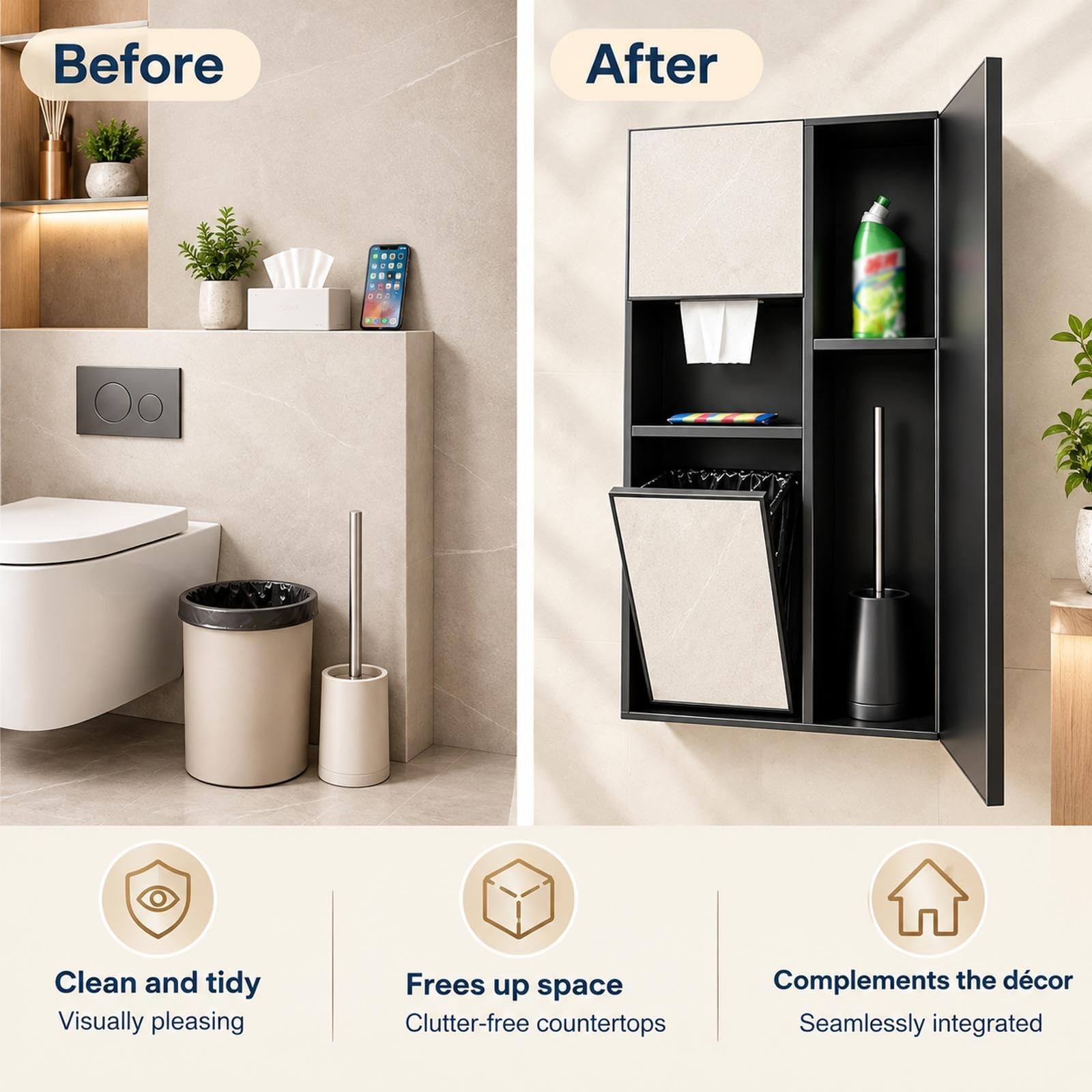 Nicho de Empotrable Cubo De Basura Empotrable Para Baño Con Portarrollos