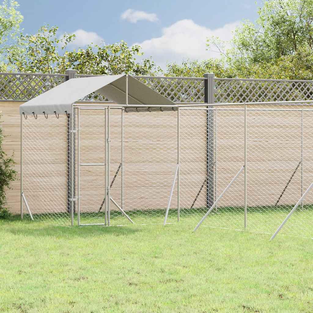 Perrera para perros al aire libre de acero galvanizado con techo plateado, 10 x 8 x 2,5 m, protección segura con rejilla de malla, resistente a la intemperie, ideal para perros, cachorros