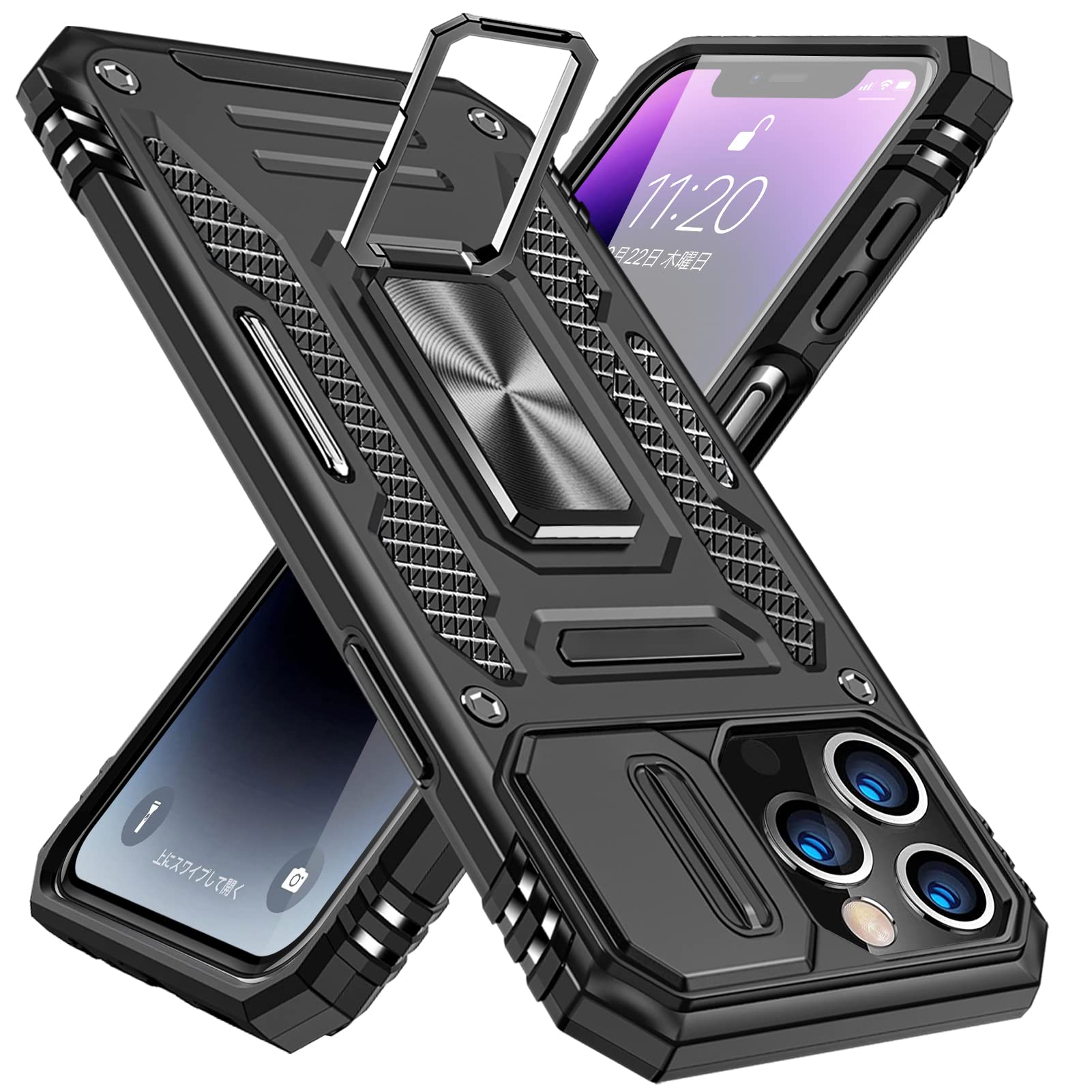 iPhone 11 Pro Max 用 ケース リング付き 衝撃吸収 耐衝撃 一体型落下防止 米国軍事MIL標準取得 スタンド機能 PC+TPU 二重構造 防塵 薄型 軽量 360度回転 全面保護カバー アイフォンケース 黒 MJJ-1051-58-01