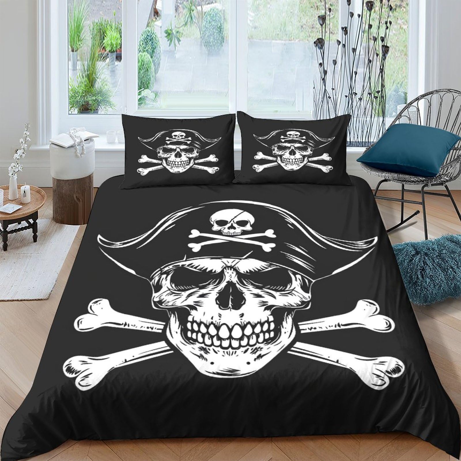 VesFy Pirate Skeleton 3D Printed Soft Microfiber Creative Patterns Duvet Cover Set with Pillowcases 3 Piece Bedding Set for Boys Girl Adults Children King（220x240cm）