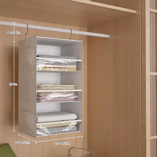 Miniatura 3 de Organizador de armario colgante con 3 estantes, diseño de borde frontal, estantes de almacenamiento más anchos y plegables con 4 bolsillos