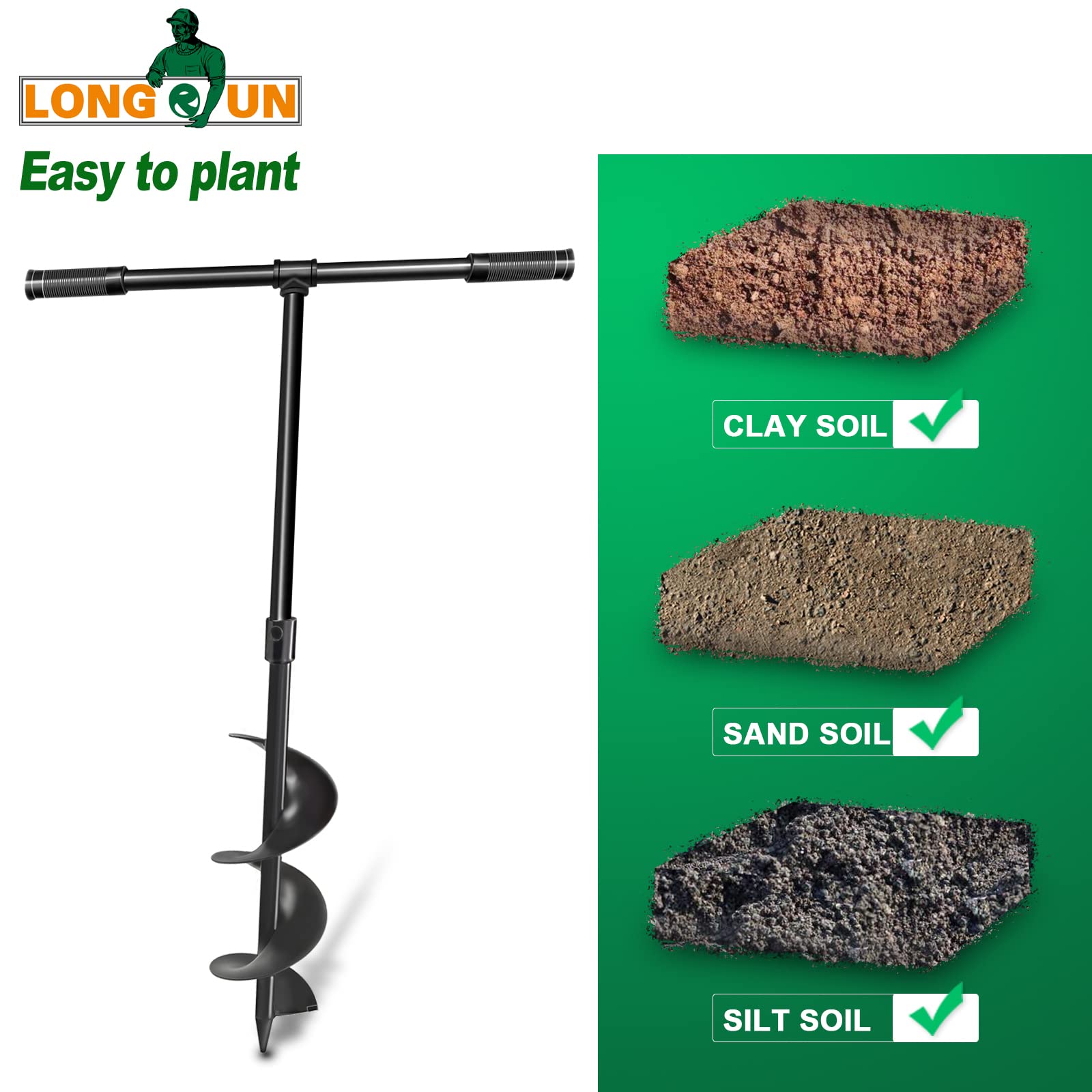 LONGRUN Excavación manual de hoyos en el jardín Broca, Taladro manual Excavadora de postes para plantar -15cm x 96cm