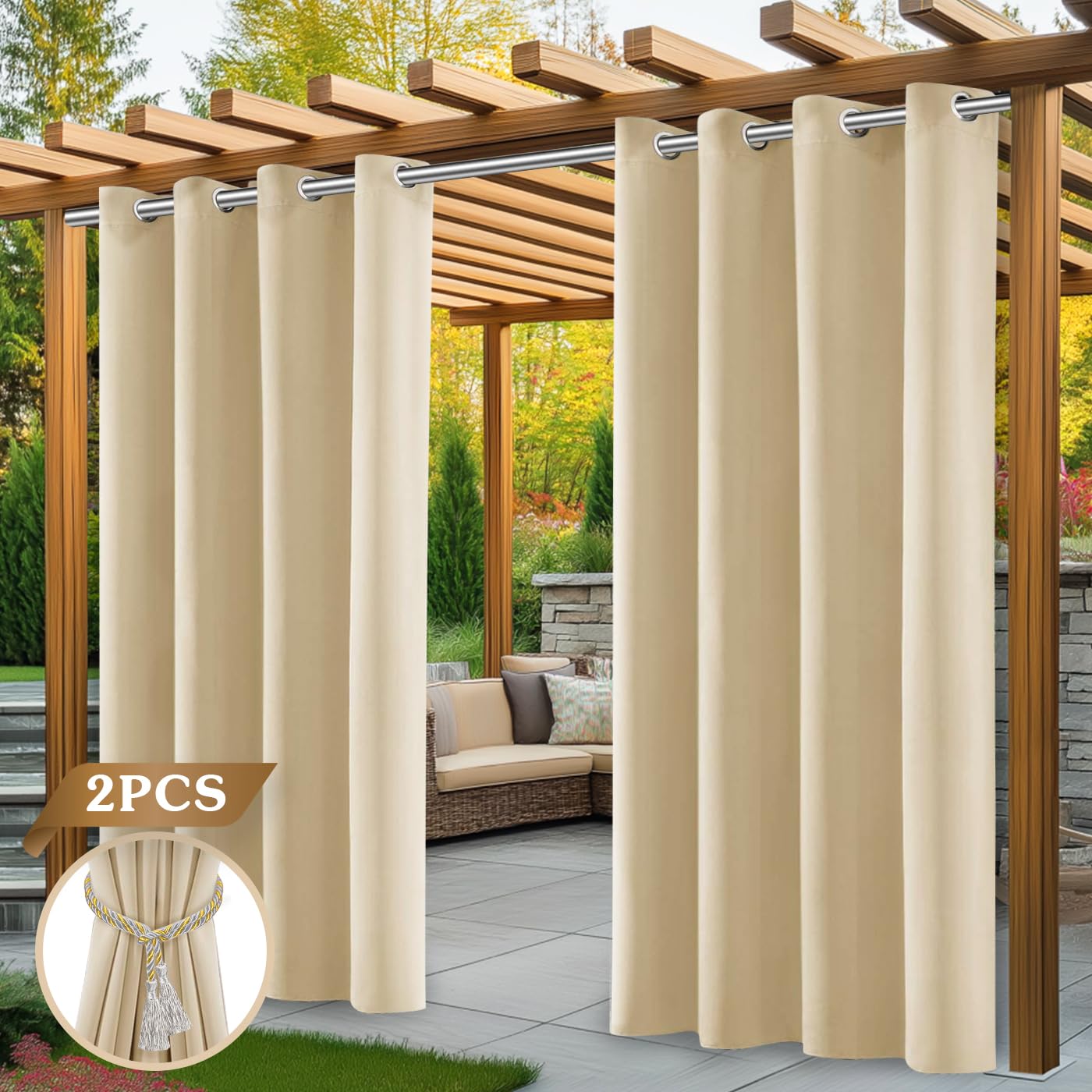 Outdoor Vorhang Wetterfest, 2er Stück Set Outdoor Vorhänge Wasserdicht mit Ösen Oben, Sonnenschutz Sichtschutz outdoorvorhänge für GardinenTerrasse Balkon Pavillon pergola(132 * 215cm, Beige)