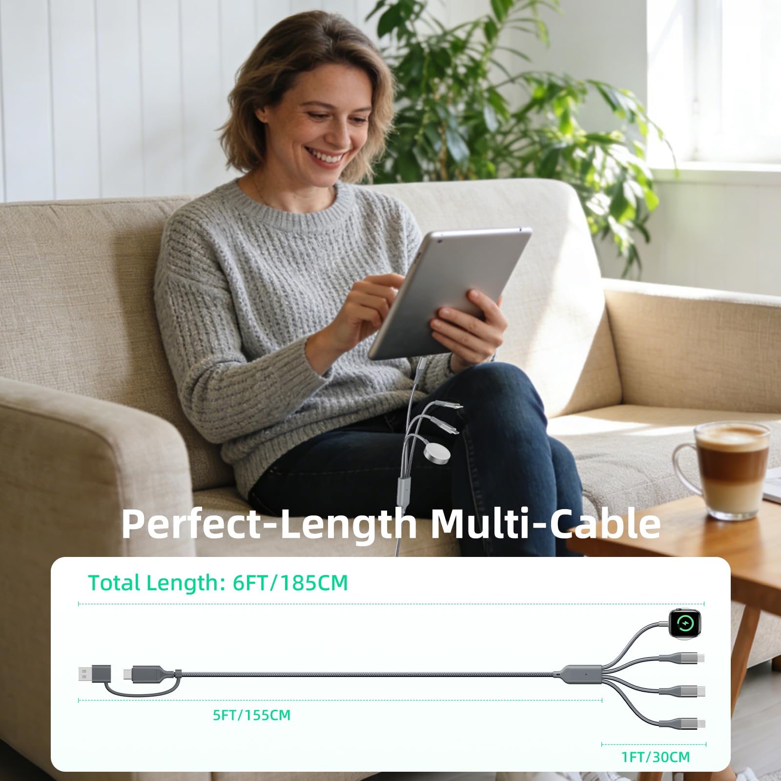 A-Pce 4-in-2 Multi Charging Cable with Smartwatch Charging, Grey-6FT view 5