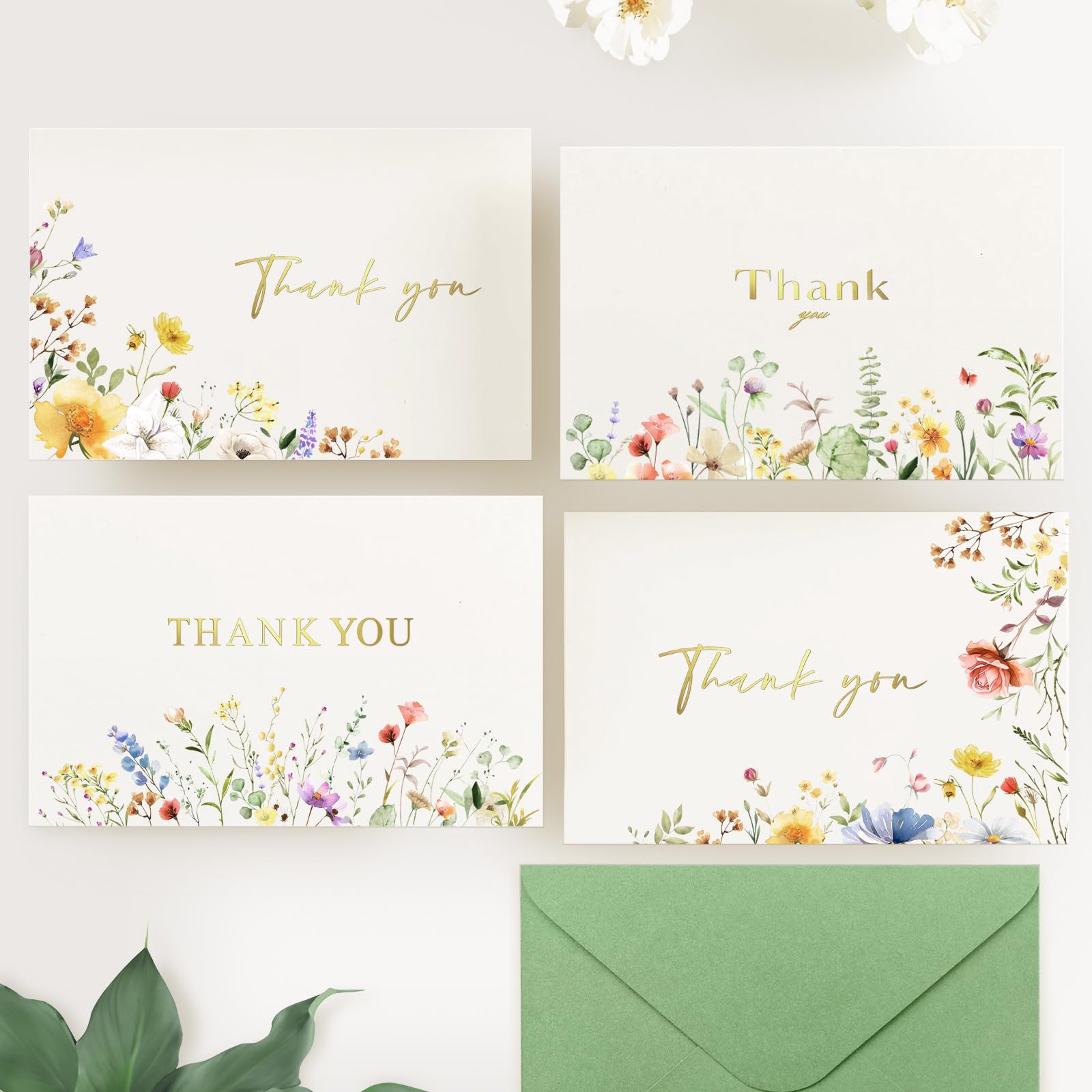 EACYART Tarjetas de agradecimiento con sobres, juego de 32 cajas a granel de acuarela de lámina dorada para cumpleaños, baby shower, despedida de soltera, boda, todas las ocasiones, 4 diseños florales