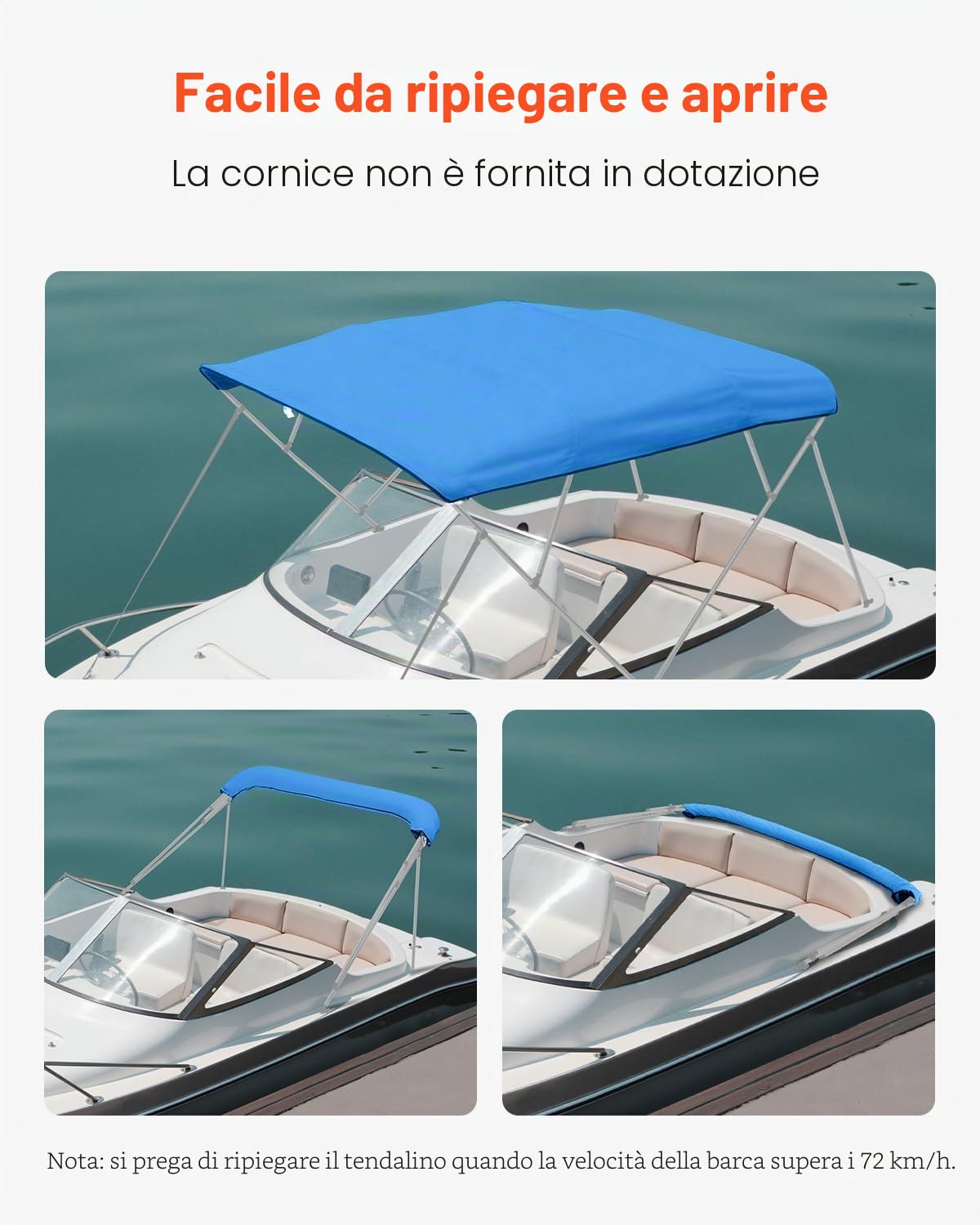 VEVOR Tendalino Parasole per Barche, Telo di Ricambio per Tendalino a 4 Archi 271 x 244 cm per Barche in Tessuto 600D Impermeabile Grado Nautico, Senza Telaio, Solo Telo, Resistente al Vento, Blu