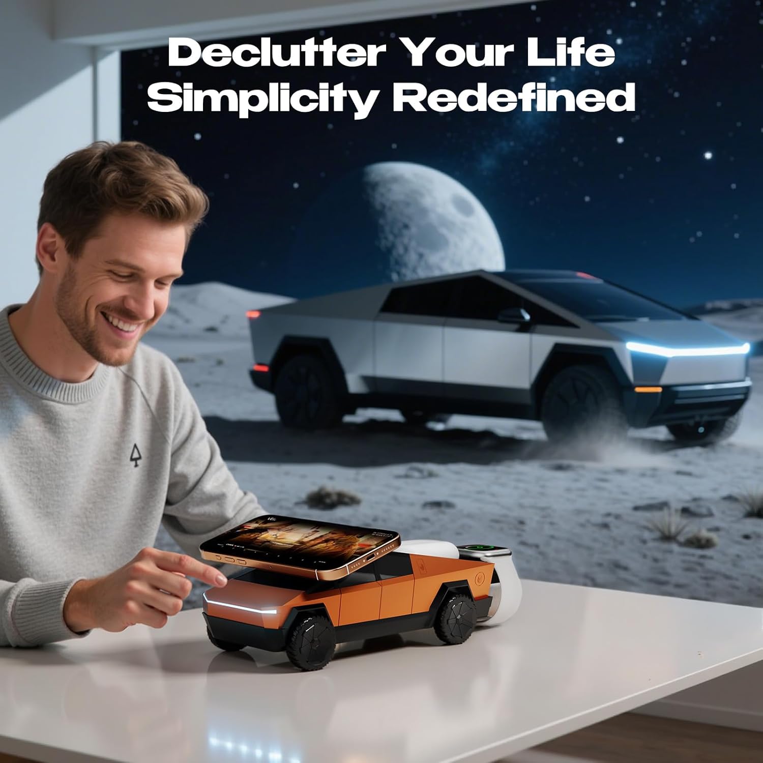 CyberDock 3-in-1 Wireless Charging Station, Cybertruck 1:25 Scale Charger with Qi2 Certified 15W Charging for iPhone iWatch AirPods, Magnetic Rotating Charger with Ambient Light, 30W Adapter, Orange