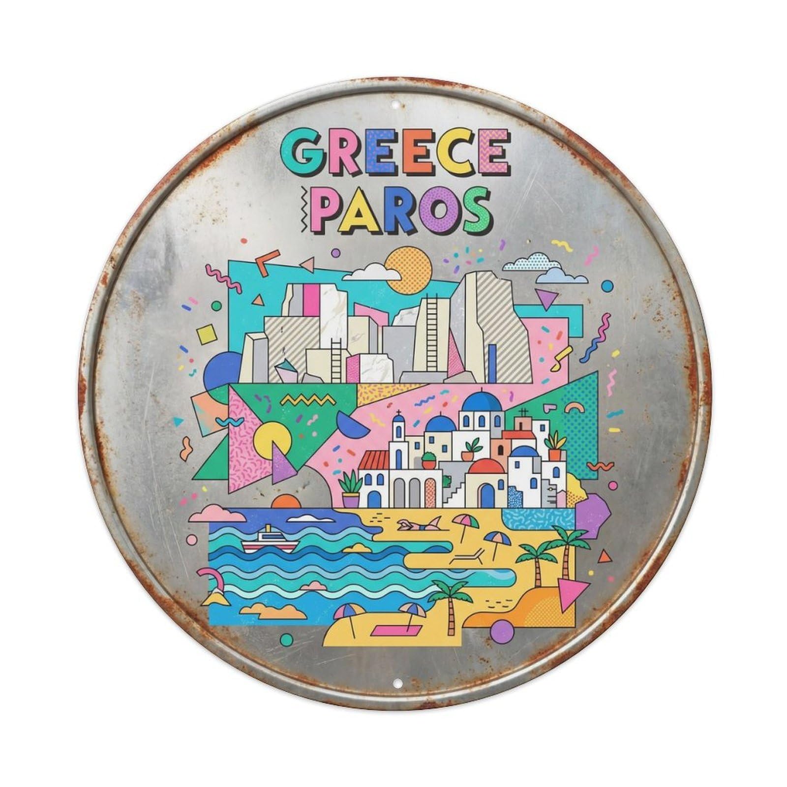 Paros Stone Greek Bold Geometry Heritage Destination Metal Tin Sign Plaque Wall Decor for Cafe, Man Cave, Club Bar, Office, Home Garden Round Metal Poster 8x8Inch
