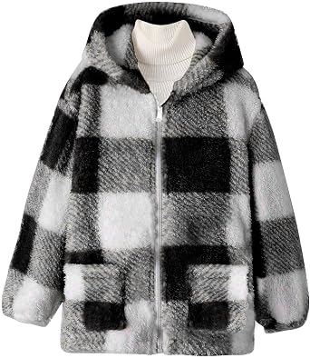RKSTN Kids Winter Warm Plush Coat Trendy Plaid Jackets Zip Up Hoodie Boy Girls Clothing Fleece Hooded Outerwear