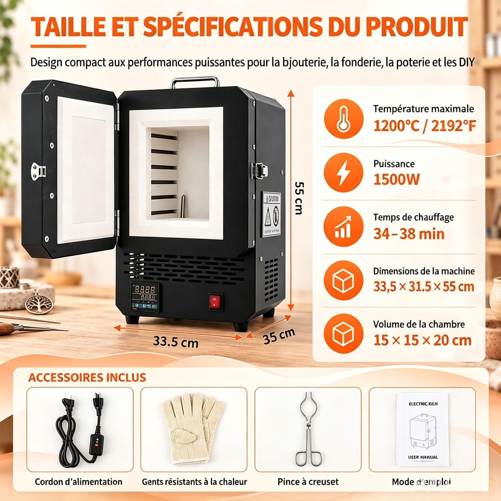 Four de Table 1200 °C, PID 51 étapes pour céramique et Bijoux