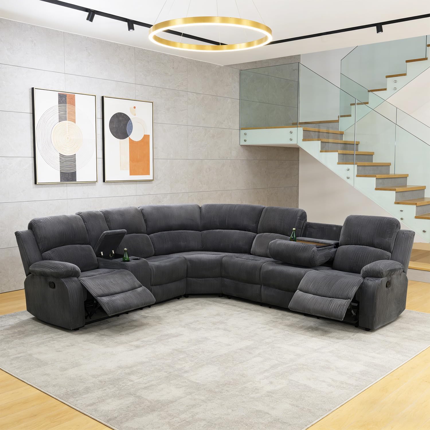 Recliner Sectional Sofa for Living Room Furniture Sets,L Shaped Corduroy Manual Reclining Corner Couch with Storage Console/Convertible Backrest Coffee Table/Cup Holders(Grey,Sectional)