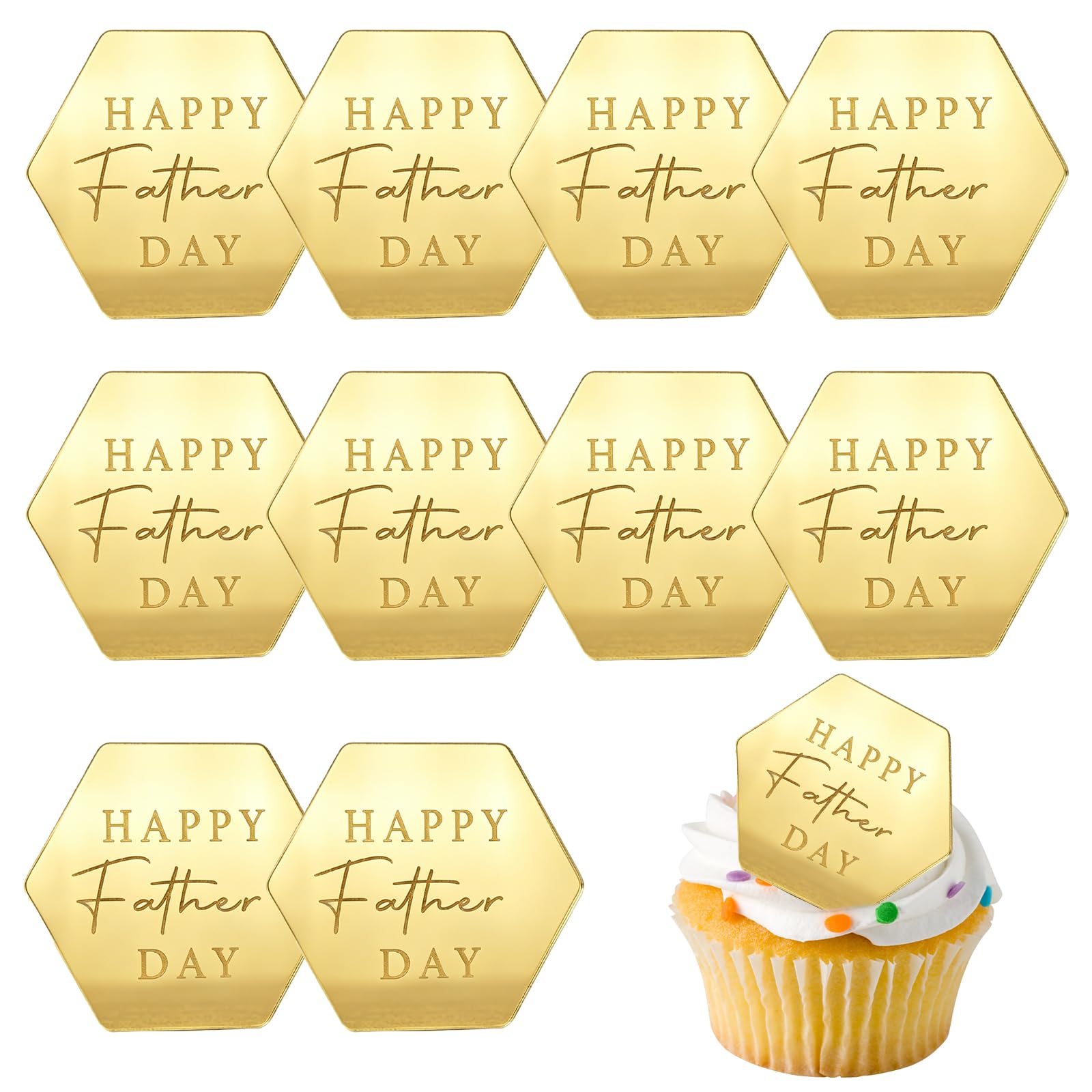 10pcs Happy Fathers Day Cupcake Toppers Gold Acrylic Hexagon Shape Cake Toppers Mirror Effect Cake Discs, Fathers Day Cake Decorations Party Decoration Supplies โ image 1