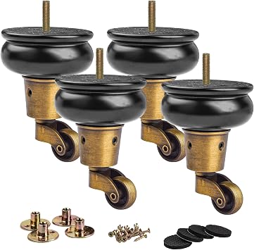La Vane 4 inch Solid Wood Bun Feet for Furniture with Castor,4PCS, Black