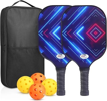 Pickleball Paddles, Fiberglass Surface Pickleball Set with Pickleball Rackets, 2 Fiberglass Surface Paddles, 4 Balls, Carrying Bag & Grips