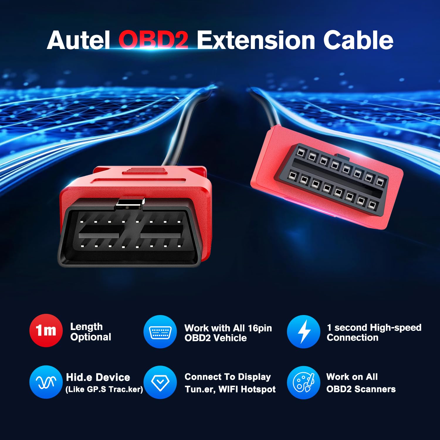Autel OBD2 Extension Cable, Full 16Pin Male to Female OBDII Extension Cable Diagnostic Extender, 16Pin OBD II Cord Adapter, for All OBD2 OBD II Vehicles (1m/3.3ft)