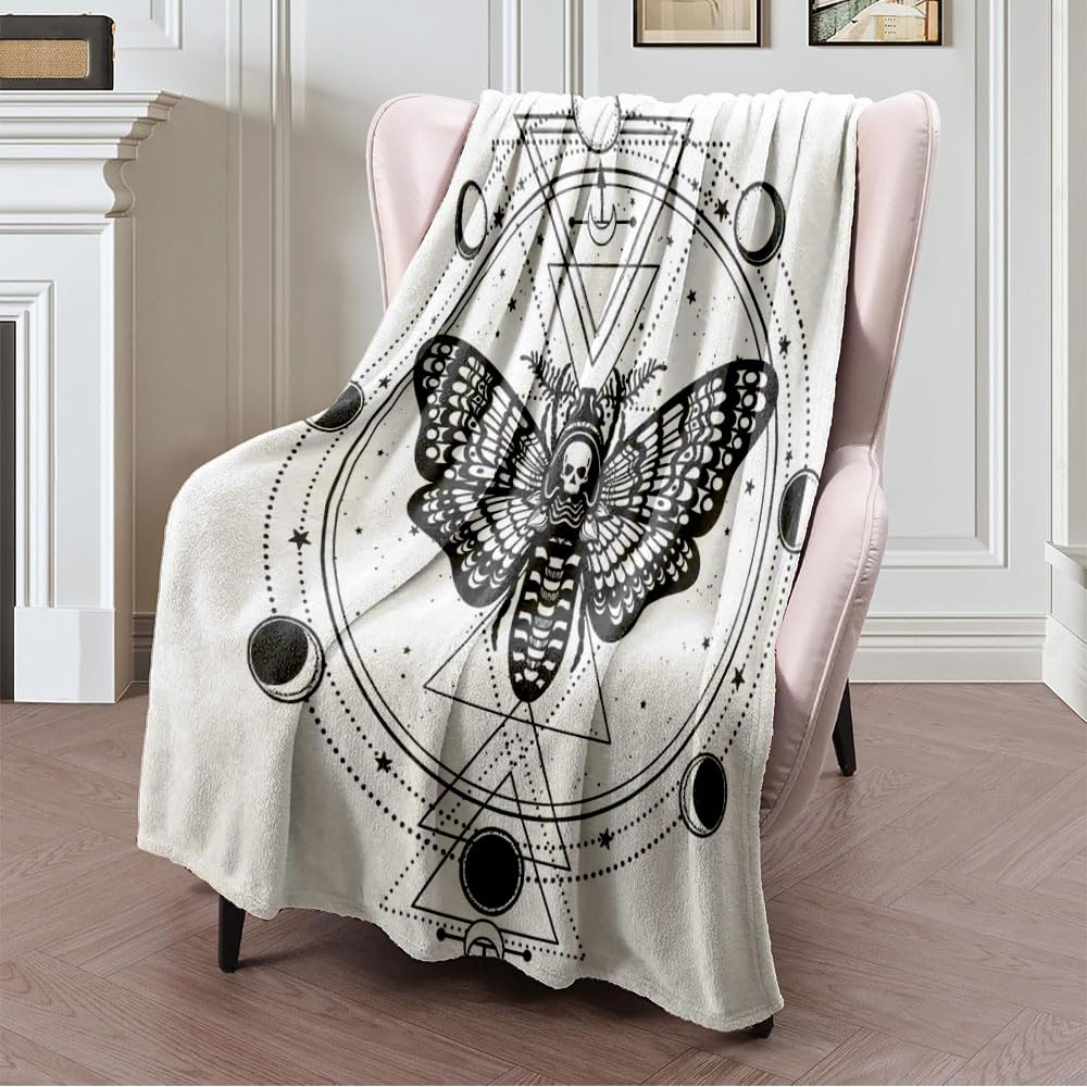 Winter Throw Blanket for Couch, Soft Cozy Blankets for Women Mystical Nature Sky Tattoo Drawing Moth Head Circle Emblem Calendar Devil Animals Masonic Wildlife Flannel Blanket for Girls 40x50 Inches
