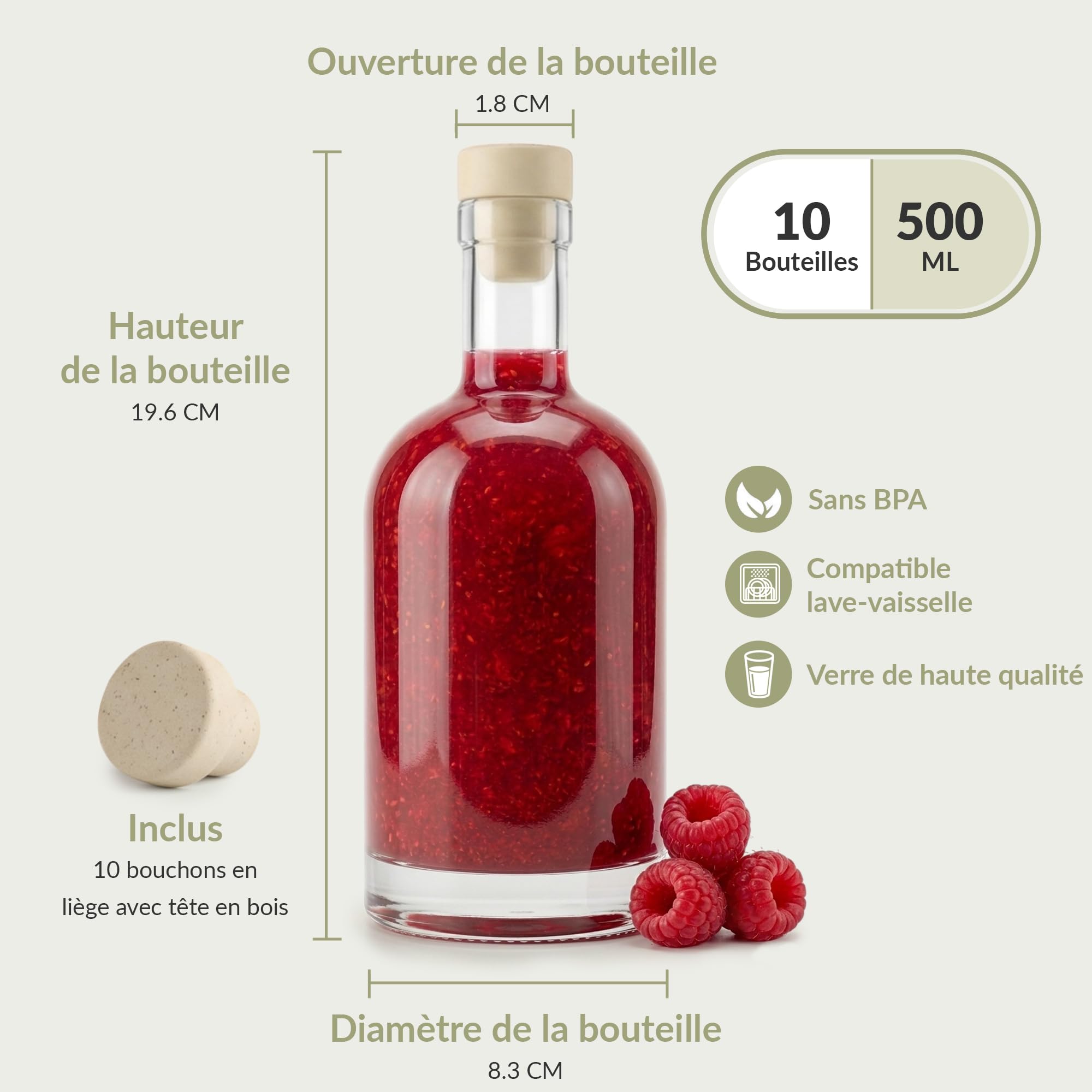 10 bouteille verre 500ml 0,5l – 500 ml lot bouteille en verre eau-de-vie rhum arrangé sirop liqueur verre nocturne bouchon hermétique