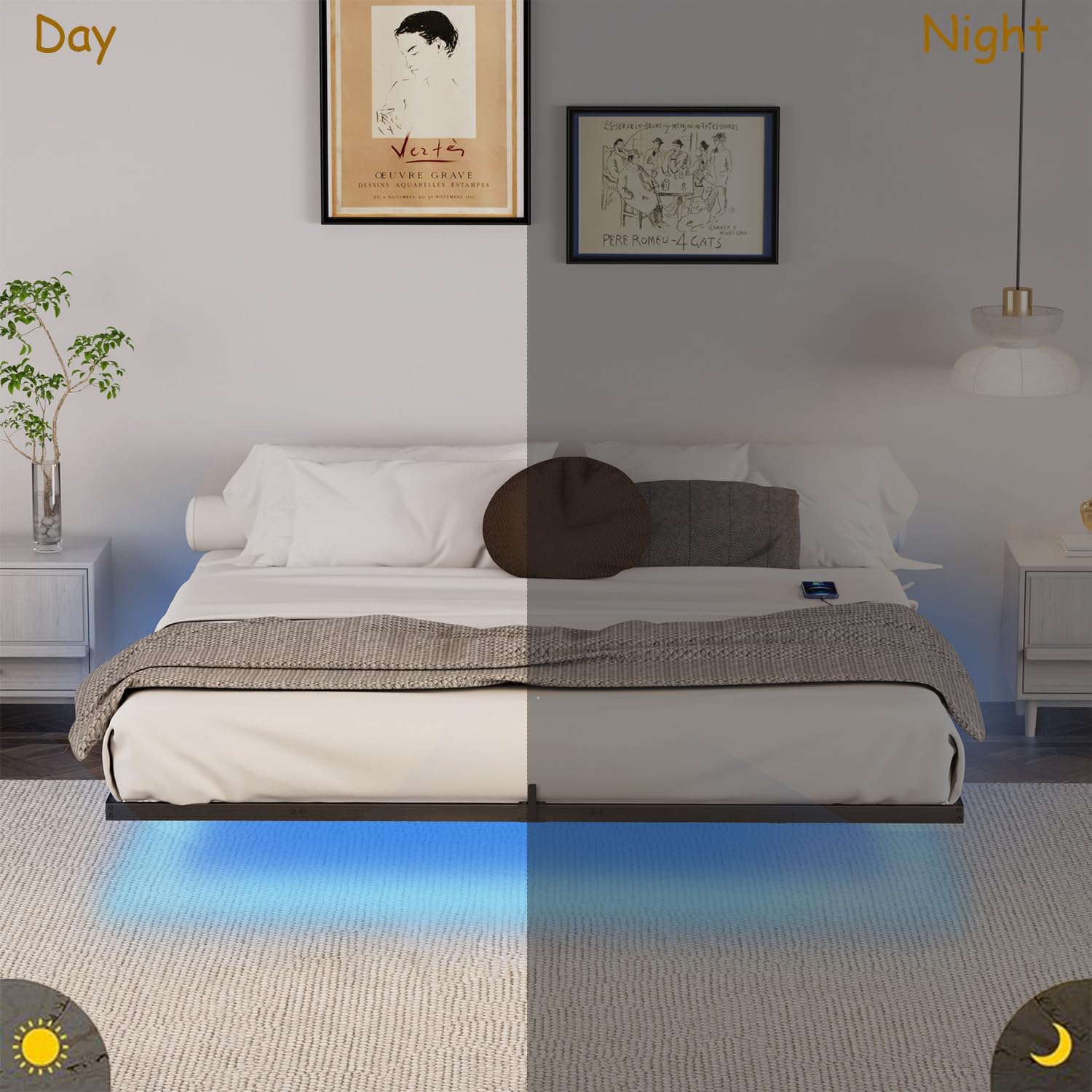 7.9" High Queen Size Metal Floating Bed Frame,Equipped with LED Light Under The Bed and USB Port Heavy Duty Metal Slats Support No Box Spring Needed/Easy to Assemble Noise-Free (Black, Queen)