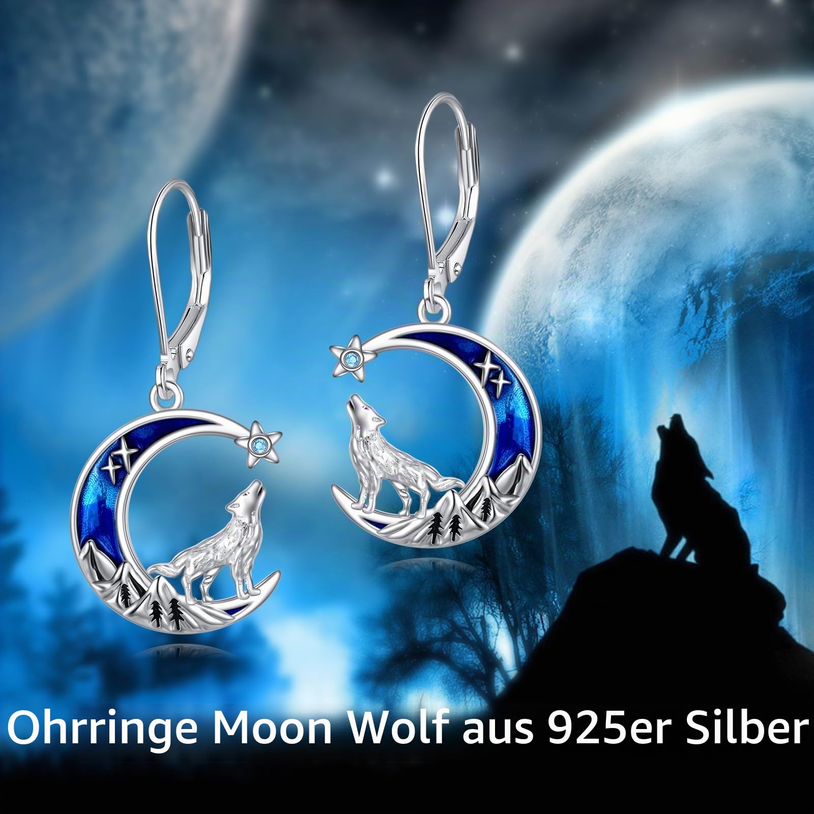 Tier Ohrringe Geschenke für Damen Mädchen Sterling Silber Abalone Mountain Wolf Ohrringe Mond Stern Leverback Ohrringe Schmuck Geschenke
