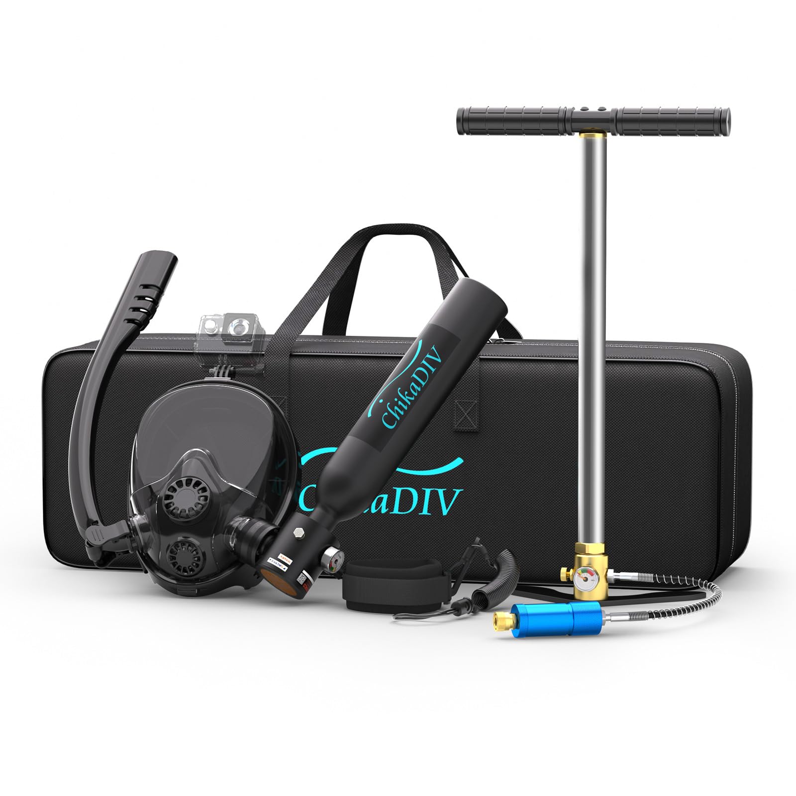Mini Scuba Tank with Full Face Snorkel Mask, DOT Certified Portable Diving Cylinder Supports Breath with Nose and Mouth, with Diving Camera Mount Anti-Leak and Anti-Fog