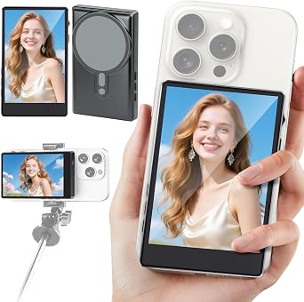 Vlog Selfie Monitor Screen, Magnetic Phone Vlog Selfie Monitor Screen Back Camera Monitor for Vlog Live Stream TikTok, Compatible with iPhone & Android, Black