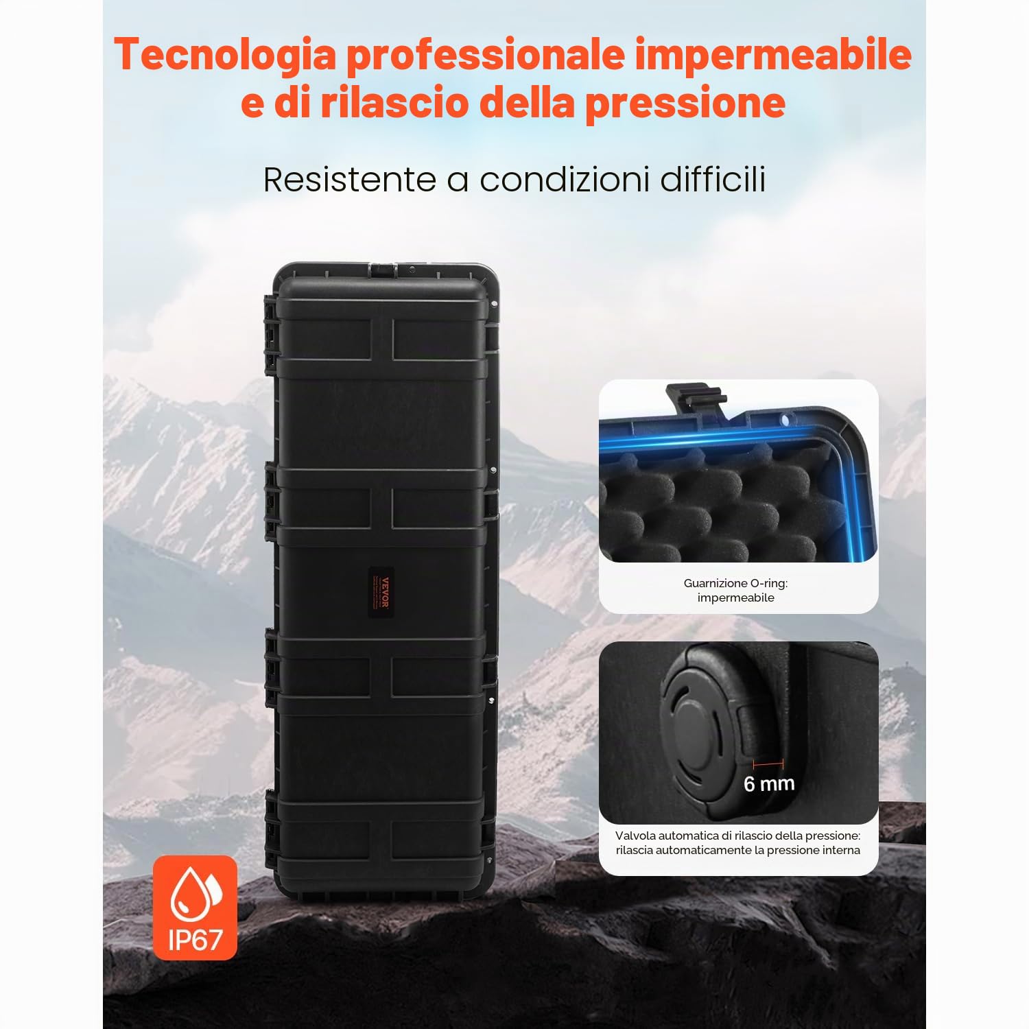 VEVOR Custodia Rigida Impermeabile 155,7 L, Custodia Protettiva Resistente alle Intemperie IP67 con 6 Clip, 6 Fori e 3 Maniglia per Lucchetto e Schiuma Inserita per Apparecchiature Grande, Nero
