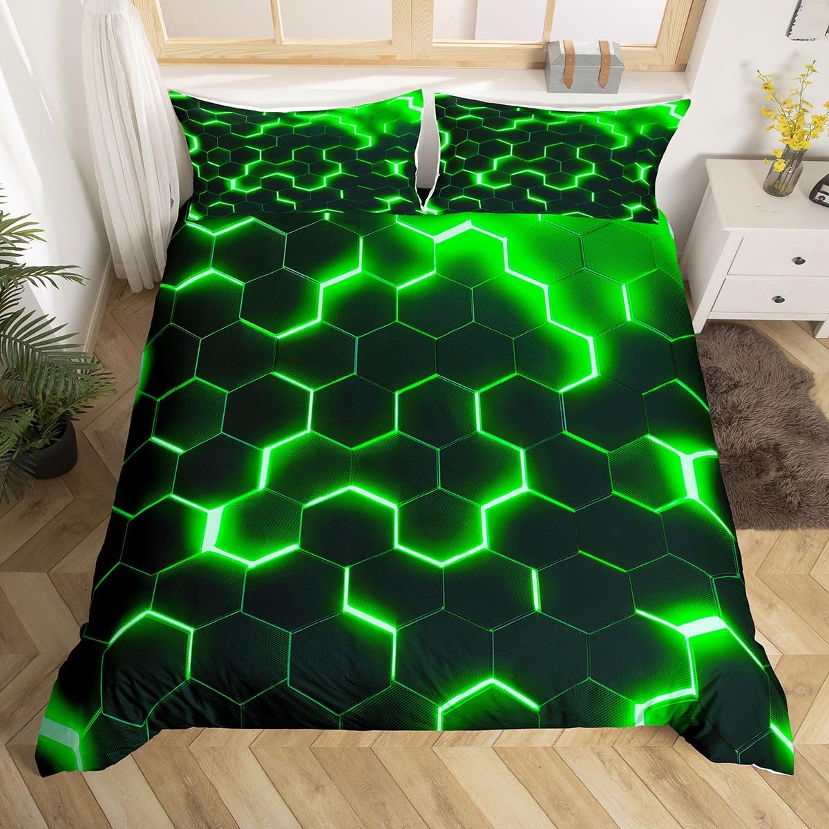 richhome Geometric Honeycomb Duvet Cover Double Size,Hexagon Abstract Bedding Set,Kids Boys Girls Adults Room Decor,Green Black Neon Light Comforter Cover,Modern Fashion Quilt Cover,2 Pillowcases - Image 2