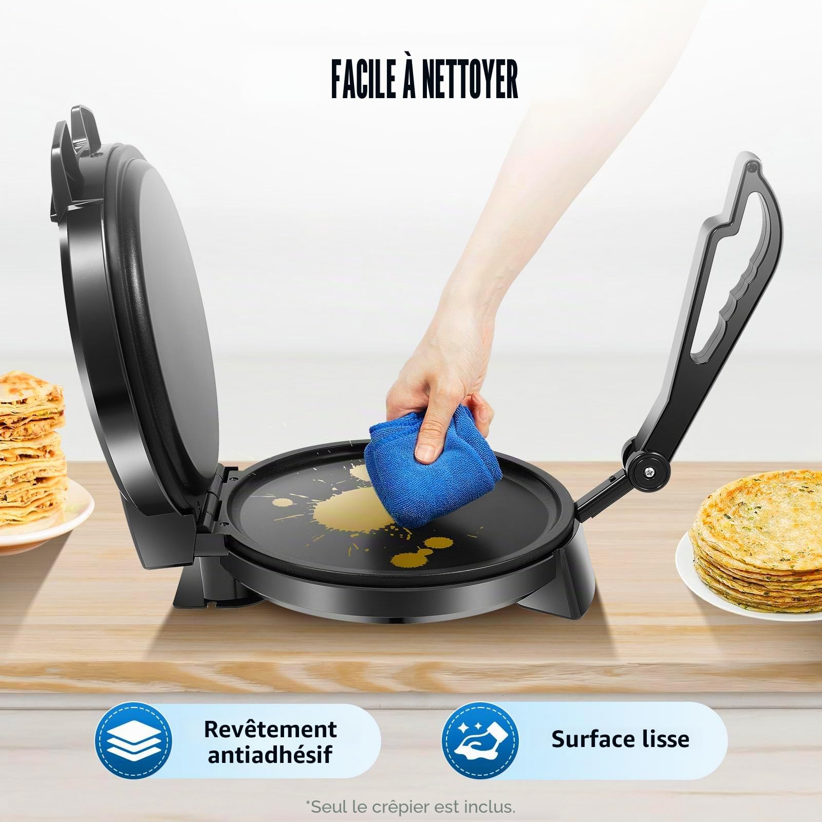 Roti Maker électrique avec chauffage double face, revêtement antiadhésif, thermostat réglable pour crêpes et pains plats