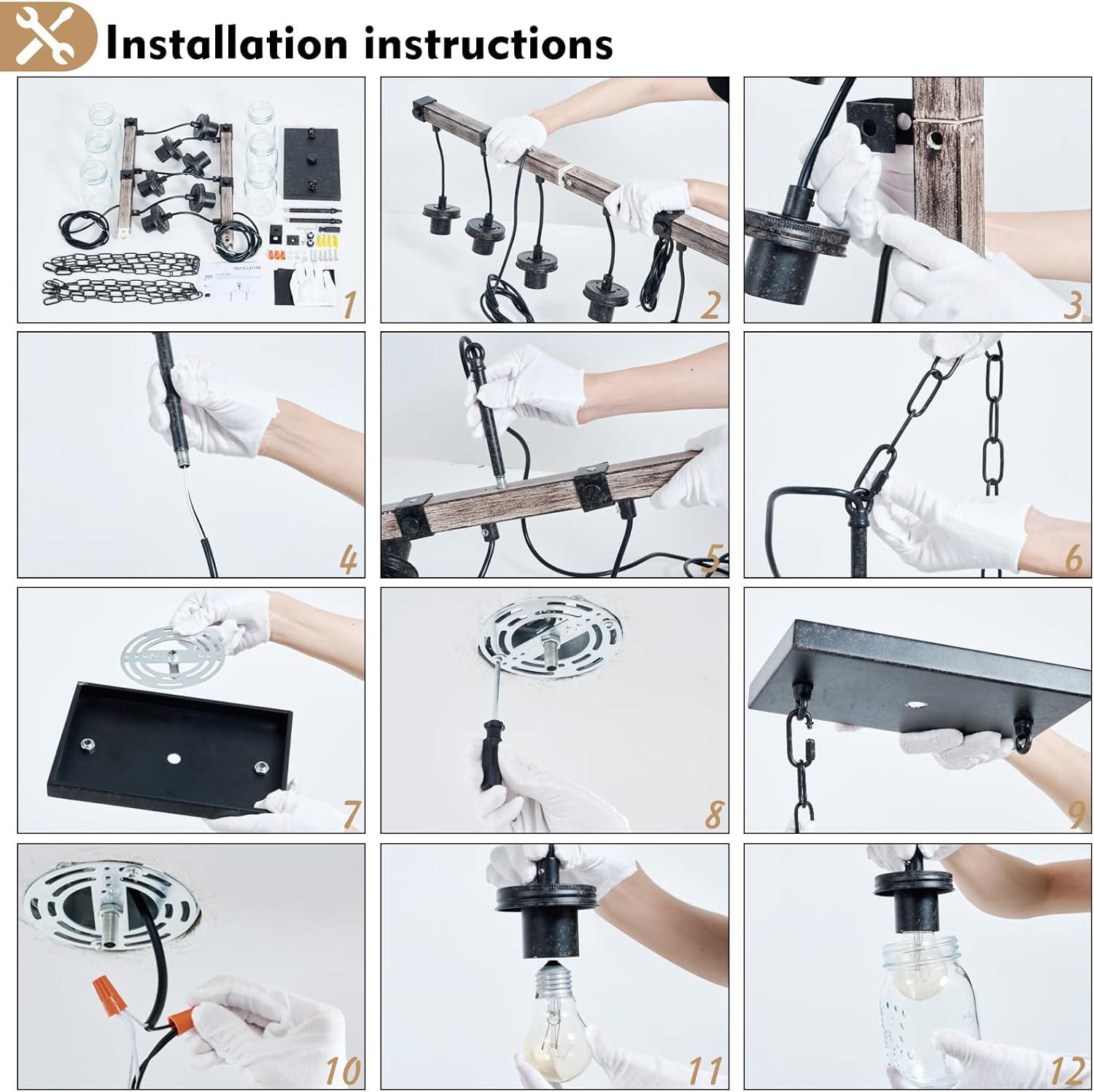 Farmhouse Kitchen Island Lighting, Mason Jar Chandelier, 6-Light Linear Rustic Chandelier, 30" Black Retro Imitative Wood Finish Pendant Light with Clear Glass Globes,Dining Room Bar Pool Table