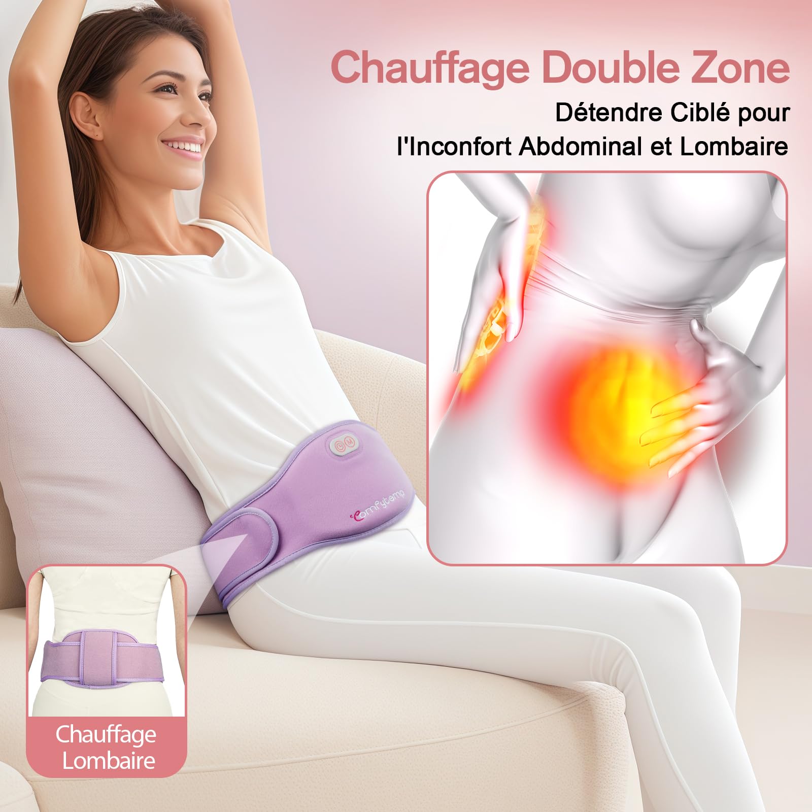 Comfytemp Ceinture Menstruelle Chauffante Grande Taille, avec 5000mAh, pour le Ventre et le Dos Pendant les Règles, 150x16cm, Ceinture Chauffage sans Fil, pour les Mères et les Femmes